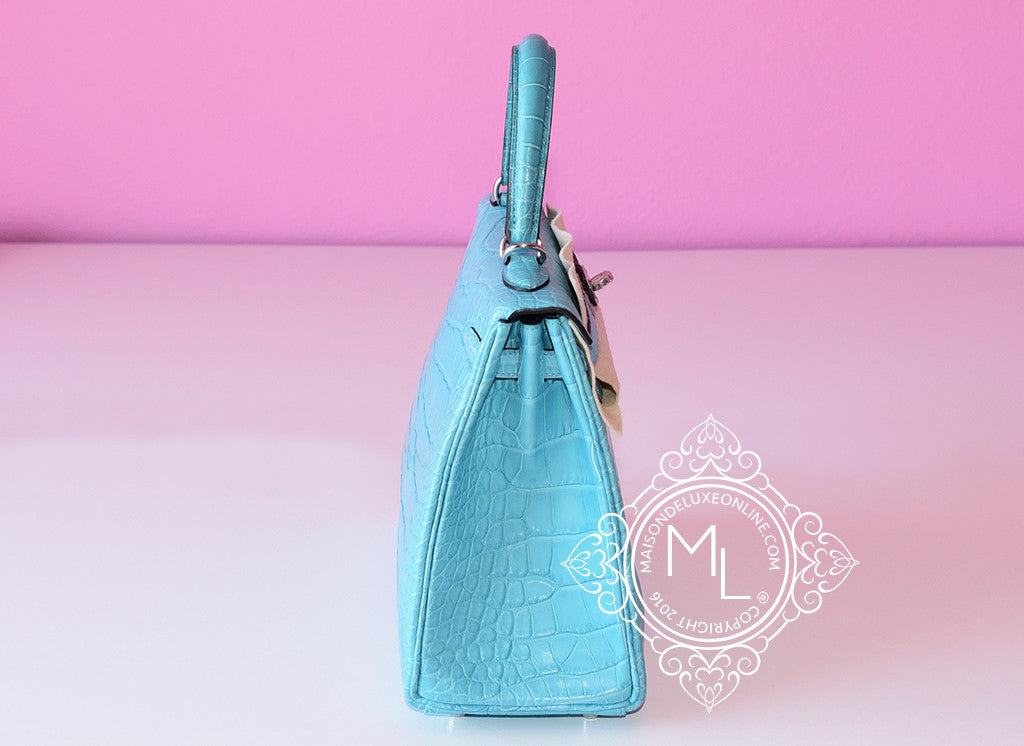 Hermes Blue Saint CYR Matte Crocodile Kelly 25 Handbag - Luxury Designer Shoulder Bag for Women | Perfect for Evening Events, Weddings & Special Occasions