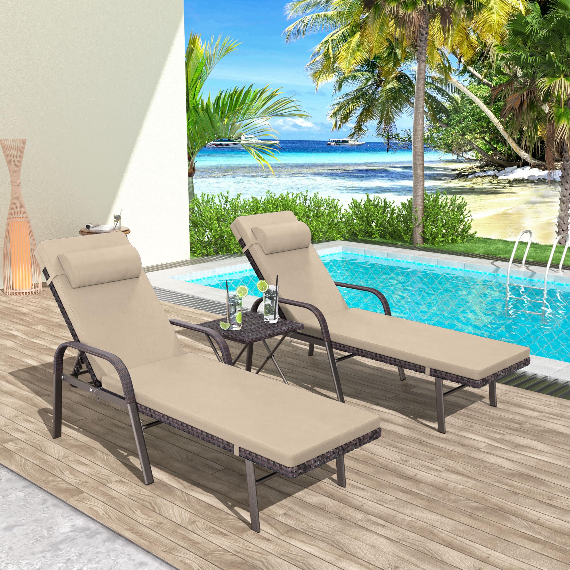 3-Piece Patio Chaise Lounge Set with Cushions - Adjustable Rattan Backrest, Folding Table & Sand Color - Perfect for Poolside, Porch, Backyard & Outdoor Relaxation