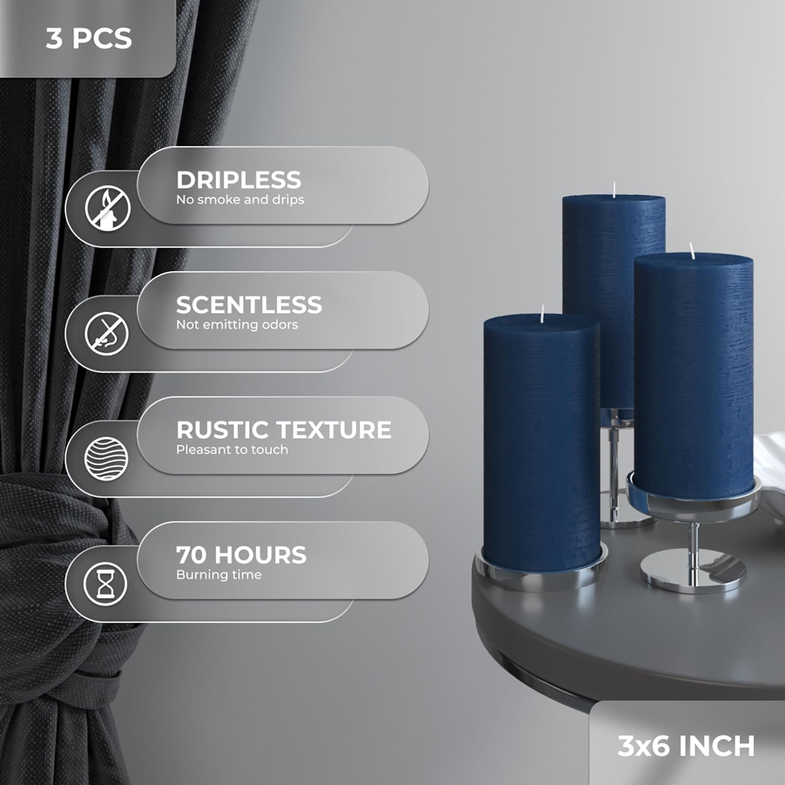 Large Pillar Candles 3x6 Inch - Set of 3 Unscented Dark Blue Candles for Weddings & Home Decor