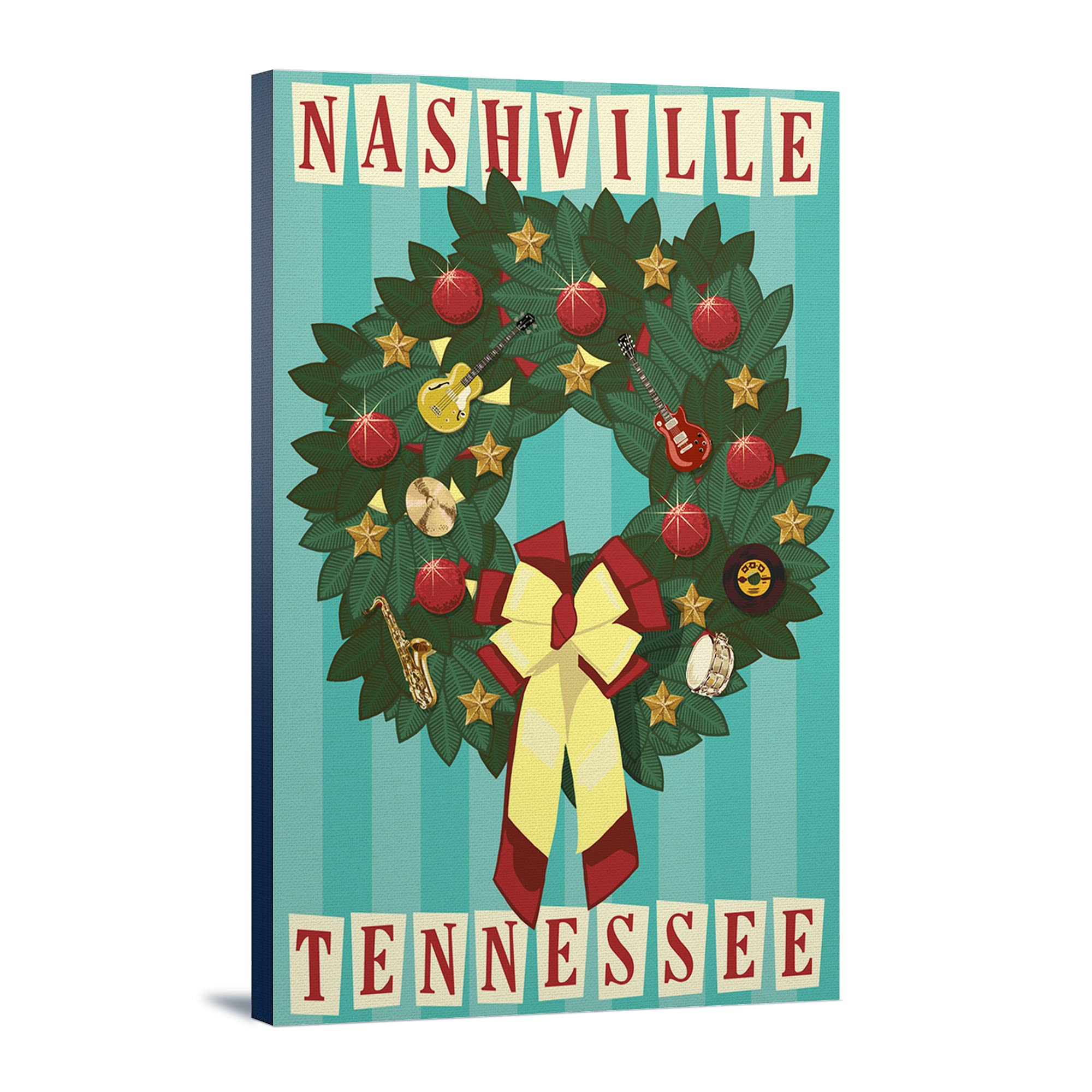 Nashville Tennessee Christmas Wreath Wall Art - 12x18 Wrapped Canvas Print for Holiday Home Decor - Perfect for Living Room, Bedroom & Office Christmas Decoration