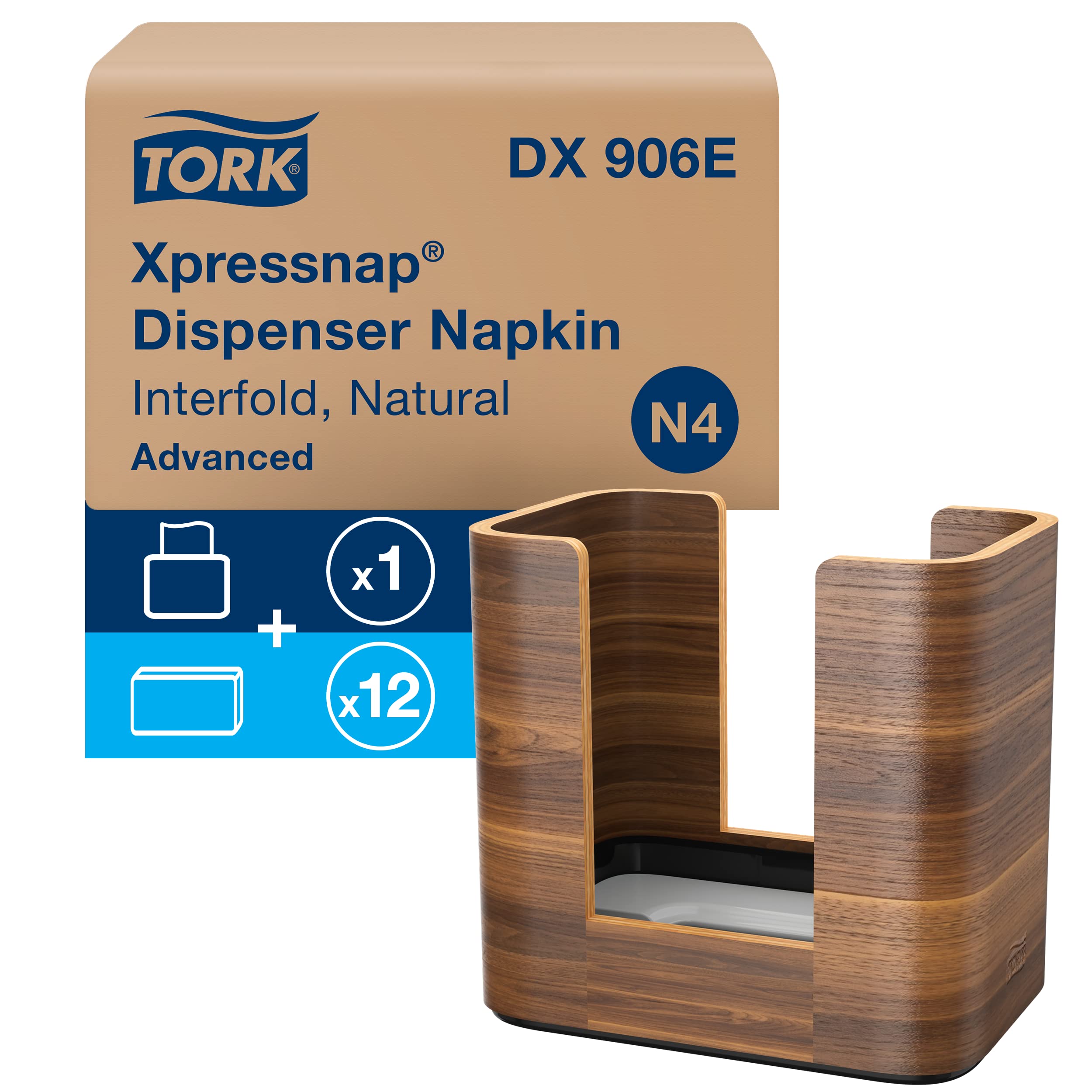 Tork Xpressnap Tabletop Napkin Dispenser in Walnut Finish with Universal Refill - 12 Packs of 500 Premium Paper Napkins for Restaurants, Cafes, and Home Dining