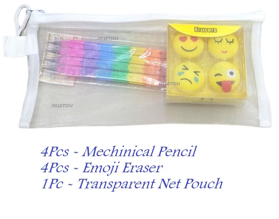Shaktism Mechanical Pencils & Eraser Set - 12-Piece Writing Kit with Emoji-Shaped Erasers, Transparent Pouch for School, Office & Art | Perfect Gift for Kids, Boys & Girls | Back to School Supplies, Birthday Present & Classroom Essentials