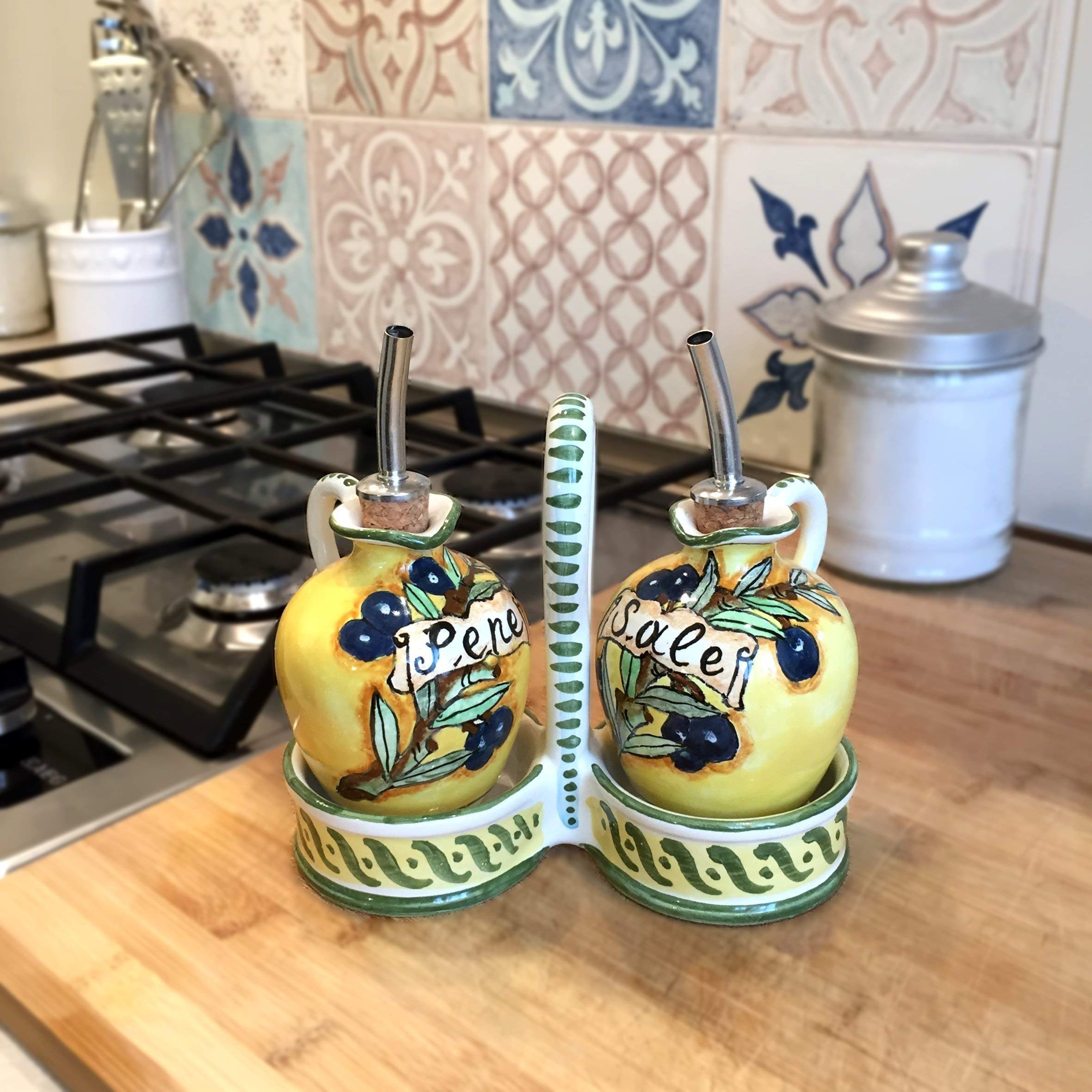Hand-Painted Italian Ceramic Oil & Vinegar Cruet Set - Tuscan Art Pottery with Olive Design, Made in Italy | Perfect for Kitchen Decor, Dining Table Centerpiece, and Gourmet Cooking Gifts