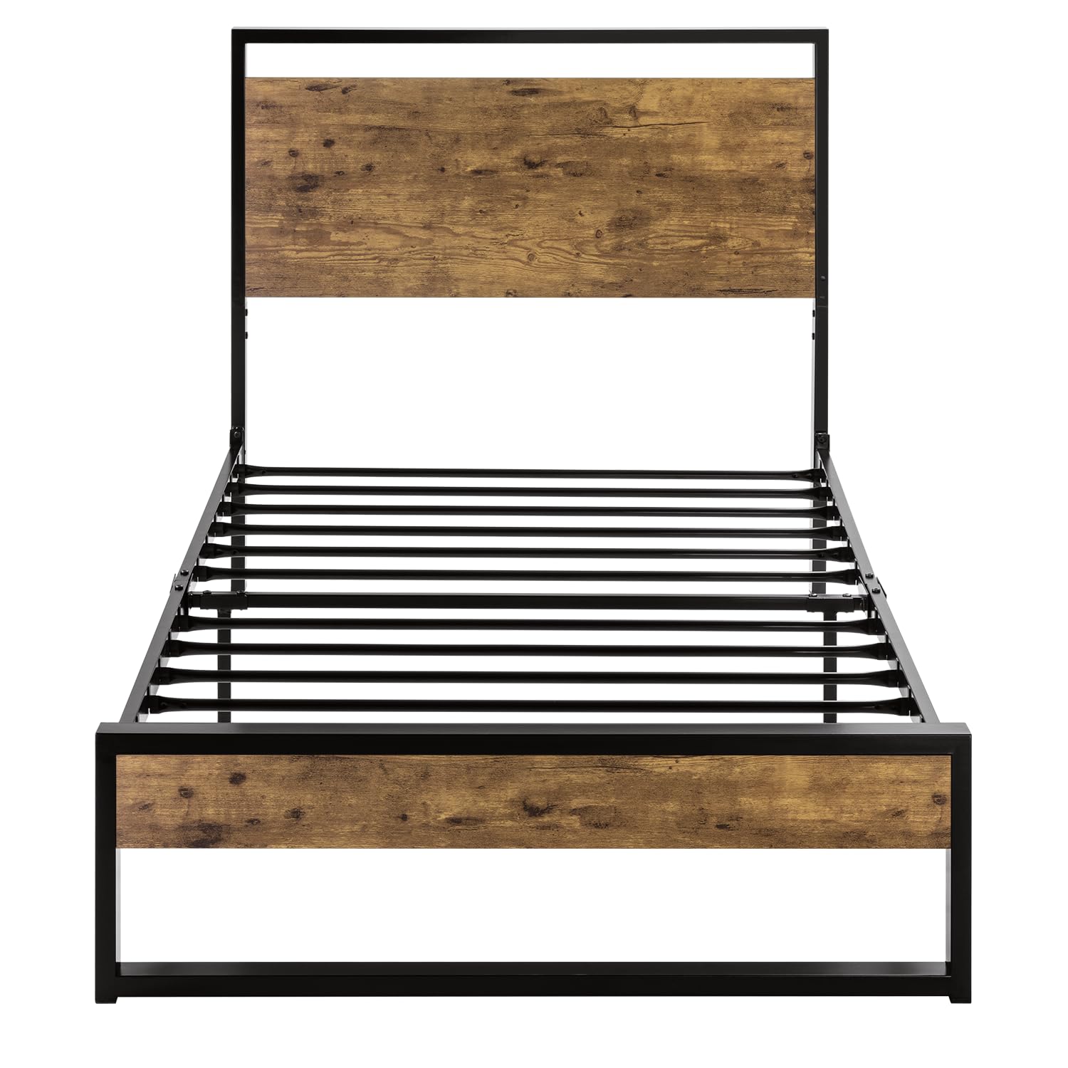 Allewie Twin Bed Frame with Rustic Headboard & Footboard - Sturdy Metal Frame, No Box Spring Needed in Rustic Brown - Perfect for Kids Rooms, Guest Bedrooms & Farmhouse Style Decor