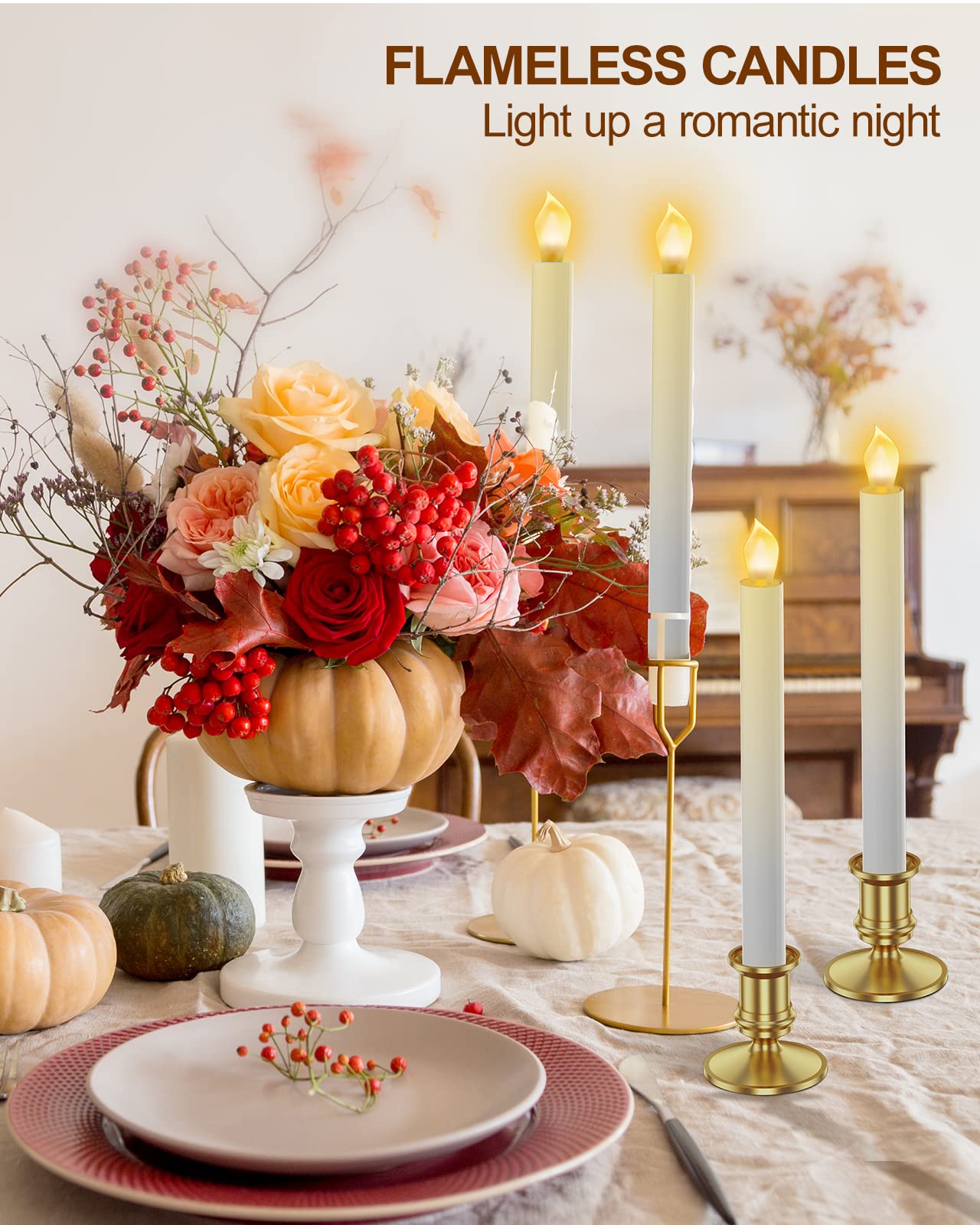 RONXS LED Window Candles with Timer - Battery Operated Flameless Flickering Candles for Christmas Decorations - Includes 2 Remote Controls & 12 Gold Candle Holders - Perfect for Holiday Home Decor, Winter Weddings, and Cozy Ambiance Lighting