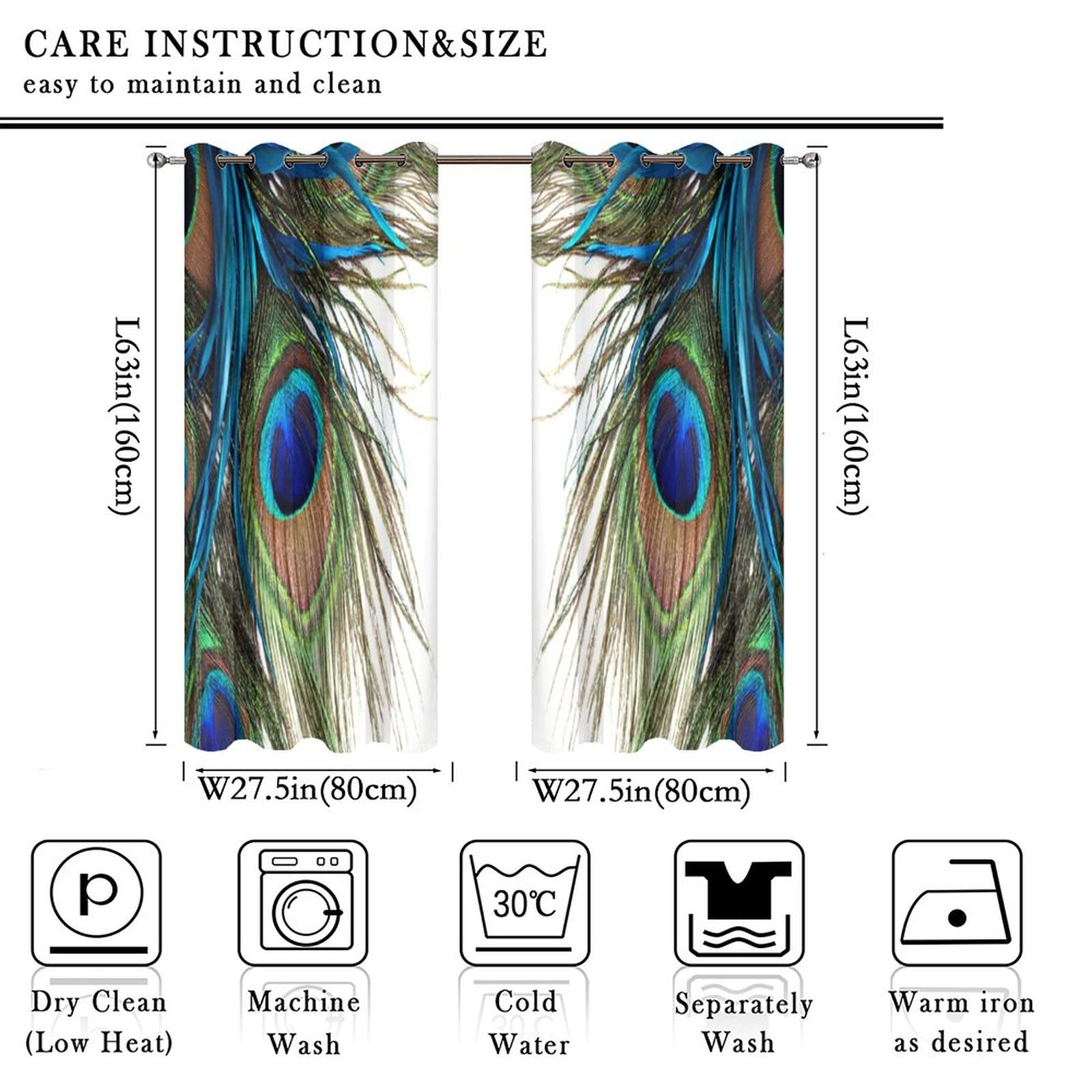 Peacock Blackout Curtains 55x63 Inch - 2 Panels Peacock Feather Print Grommet Window Drapes for Bedroom, Living Room & Kitchen - Light Blocking Thermal Insulated Room Darkening Curtains for Better Sleep & Energy Efficiency