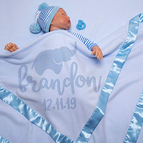 Personalized Baby Blanket - Large 36x36 Inch Soft Fleece with Satin Trim | Cute Elephant Design | Blue Baby Receiving Blanket for Boys & Girls | Perfect Newborn Gift for Showers, Christenings & Nursery Decor