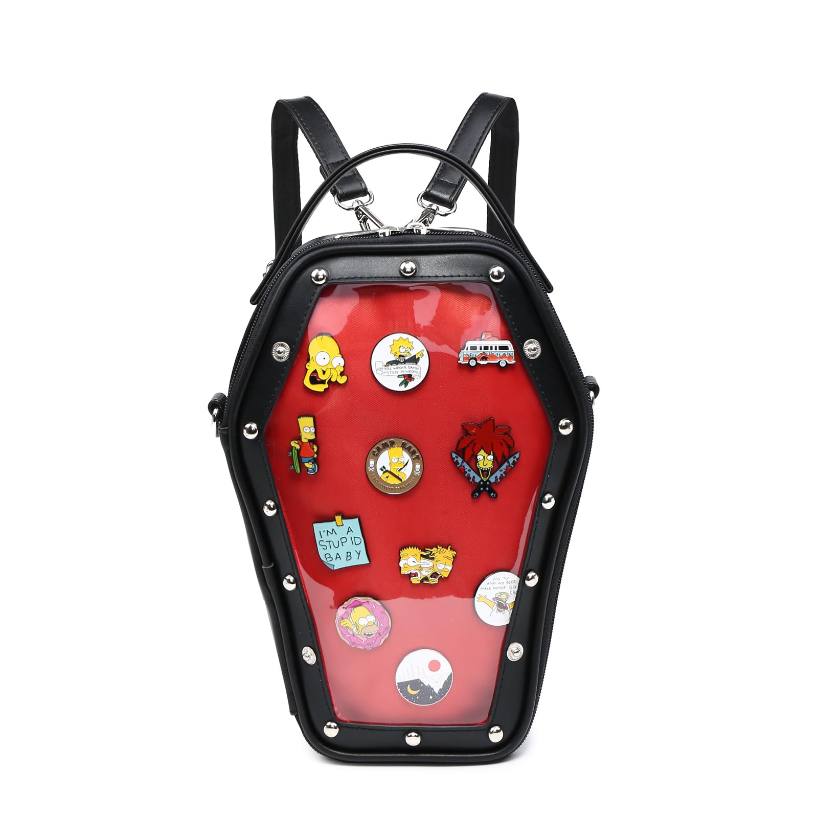 Gothic Coffin Shape Ita Bag Backpack - Rainbow Smile Anime Pin Display Purse for Halloween, Cosplay & JK Fashion | Stylish Alternative Handbag for Conventions & Kawaii Outfits