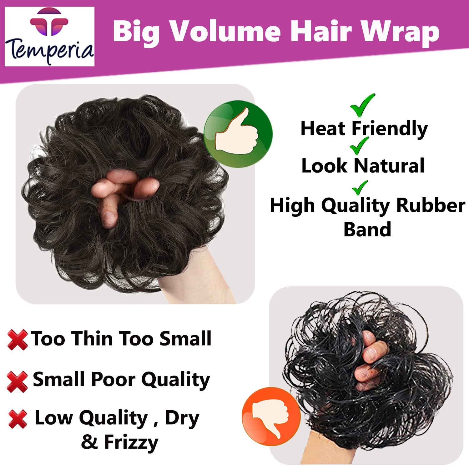 TEMPERIA (2-Pack) Women's Hair Bun Maker & Extension - Stylish Juda Hair Buns, Messy Bun Donut, Fake Hair Scrunchies with Elastic Band - Natural Brown - Perfect for Updos, Ponytails & Everyday Hairstyles