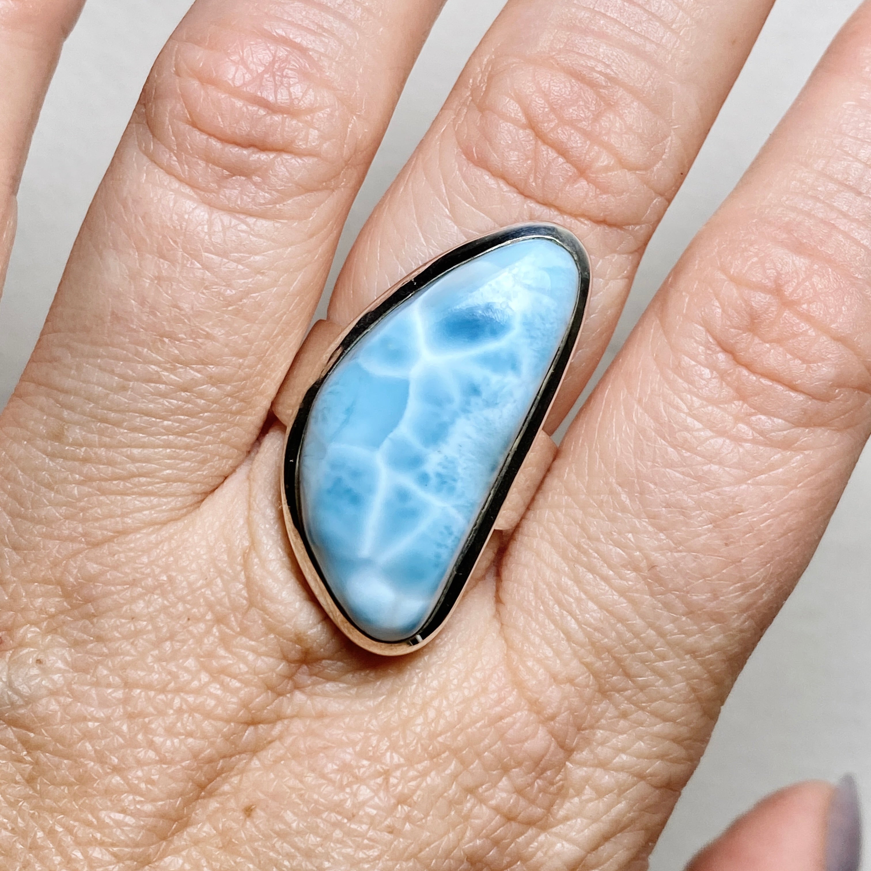 Larimar Freeform Cabochon Ring - Size 7.5 - Handcrafted Sterling Silver Jewelry - Perfect for Boho Fashion, Beach Wedding & Everyday Wear