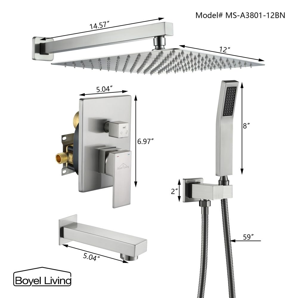 Premium 12 Inch Rainfall Shower System Set - High Pressure Matte Black Shower Head with Wall Mounted Faucet (3-Function, Brushed Nickel) for Luxury Bathroom & Spa Experience