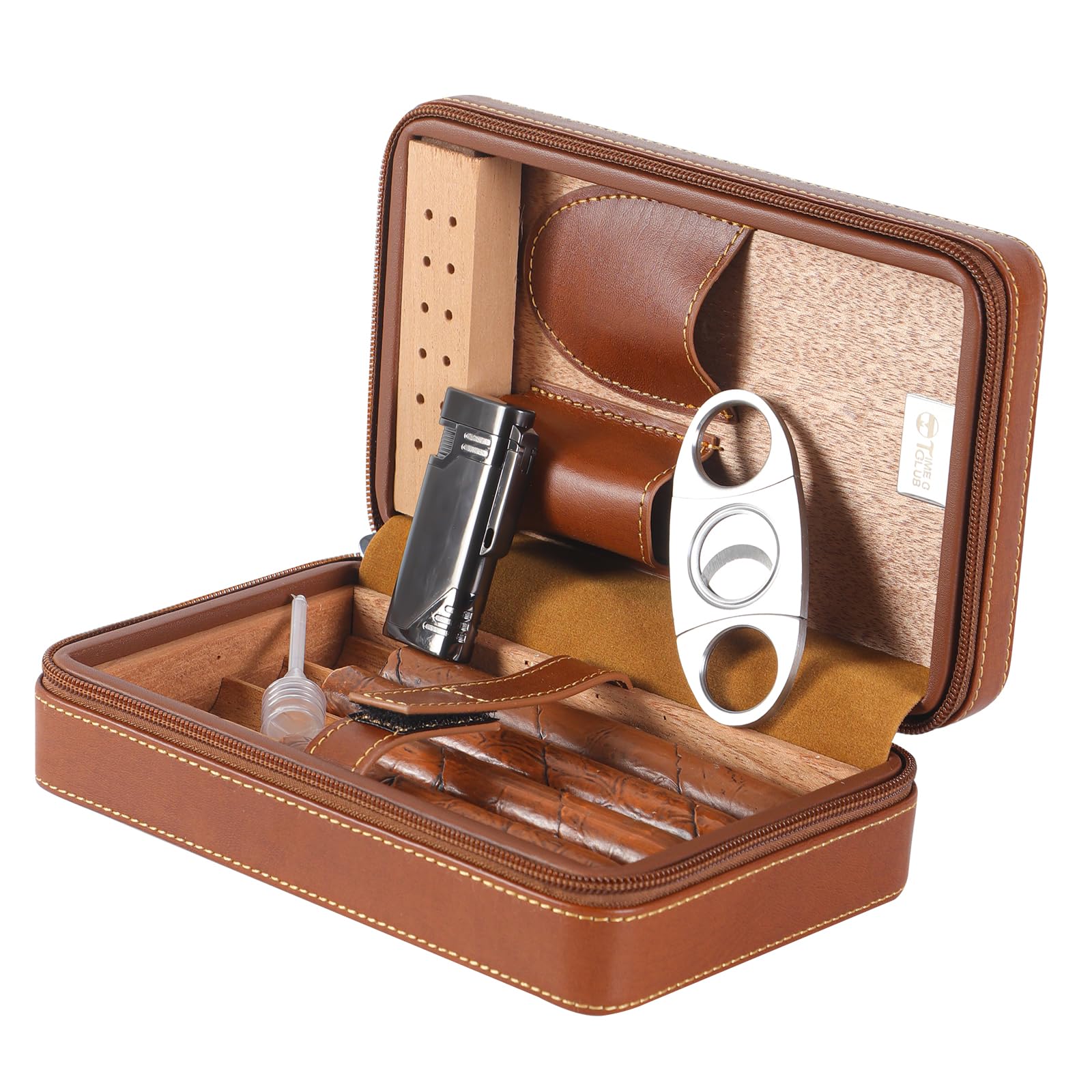 Premium 4-Finger Leather Travel Cigar Case Set with Cutter, Humidor, Lighter & Humidifier - Perfect Groomsmen Gift & Birthday Present for Cigar Lovers (Ideal for Travel, Weddings & Special Occasions)