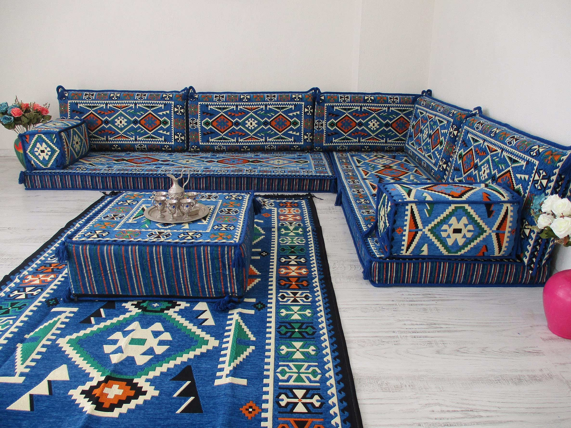 L-Shaped Arabic Majlis Sofa for Living Room - Traditional Corner Jalsa Seating with Cushions | Modern Arabic Couches & Loveseat for Home Decor | Perfect for Family Gatherings & Cultural Events
