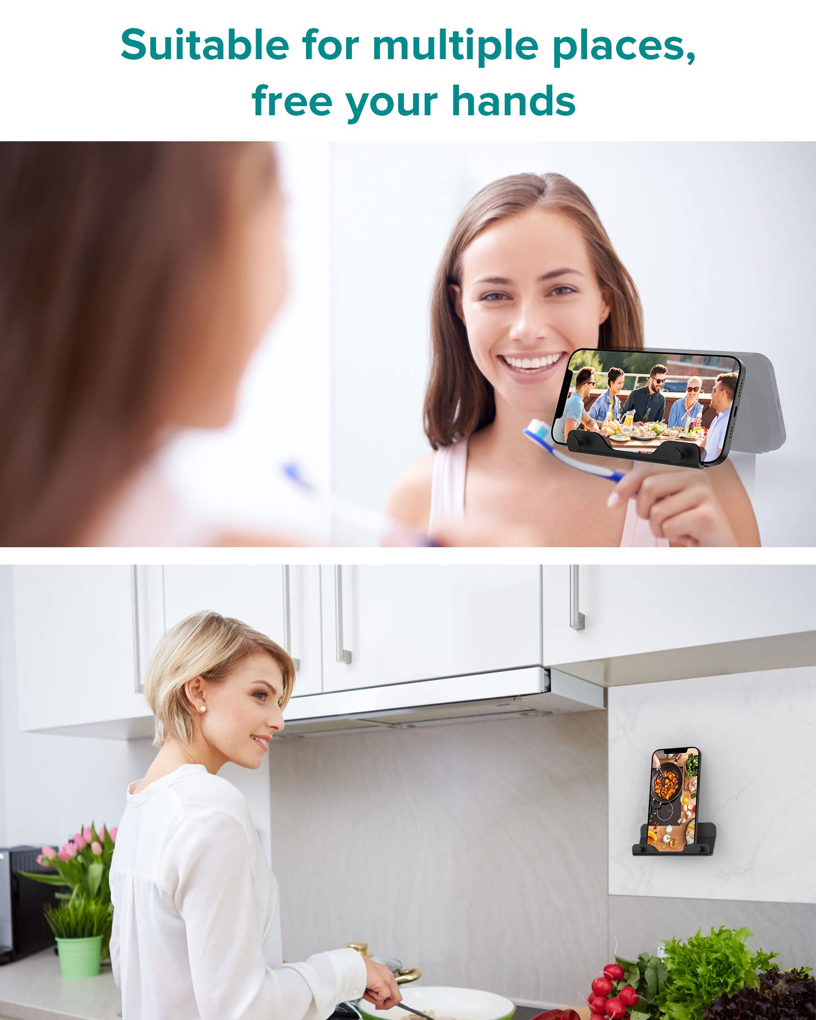 HomeMount Wall Mount Phone Holder - Hands Free Adhesive Phone Stand for Bedroom, Living Room, Kitchen | Universal Compatible with All Smartphones & Mini iPads (Black) - Perfect for Nightstand, Work Desk, Bathroom & Car Use