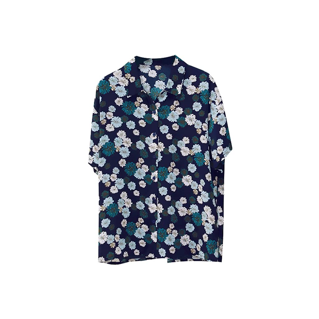 Vintage Hong Kong Style Women's Printed Short Sleeve Blouse - Retro Floral Shirt (Blue, Size L) | Casual Summer Top for Streetwear & Boho Outfits
