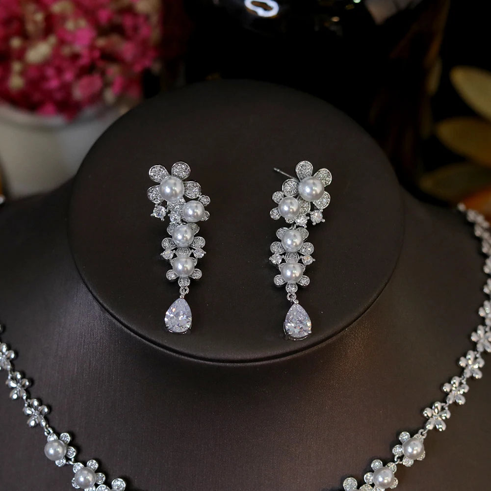Bridal Pearl Jewelry Set with Zirconia Flower Necklace and Earrings - Elegant Wedding Accessories for Bride, Bridesmaid & Formal Occasions