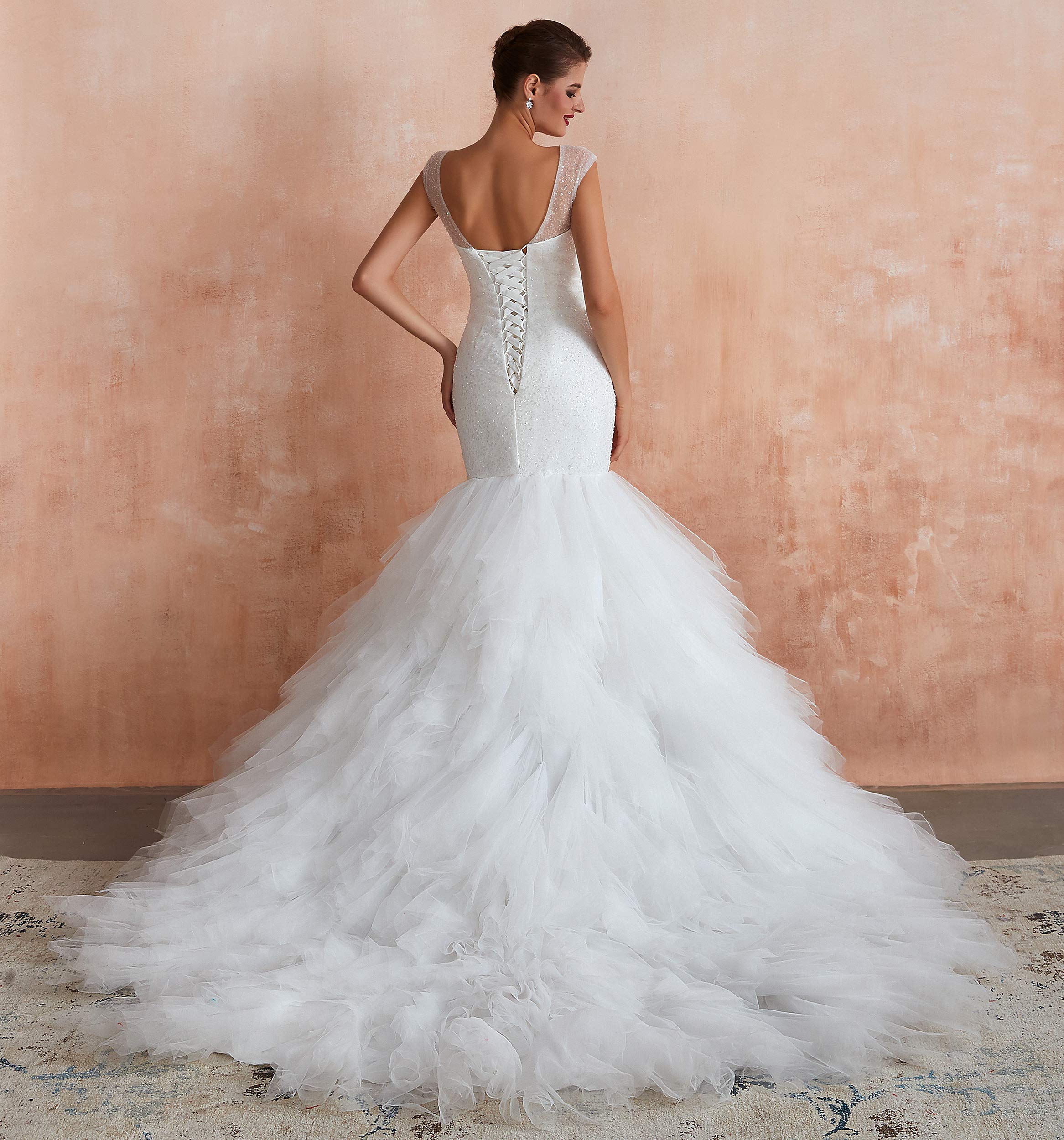 Elegant White V-Neck Sequined Lace-Up Mermaid Wedding Dress for Women - Size US6 | Perfect for Bridal, Prom, Evening Gala & Formal Occasions