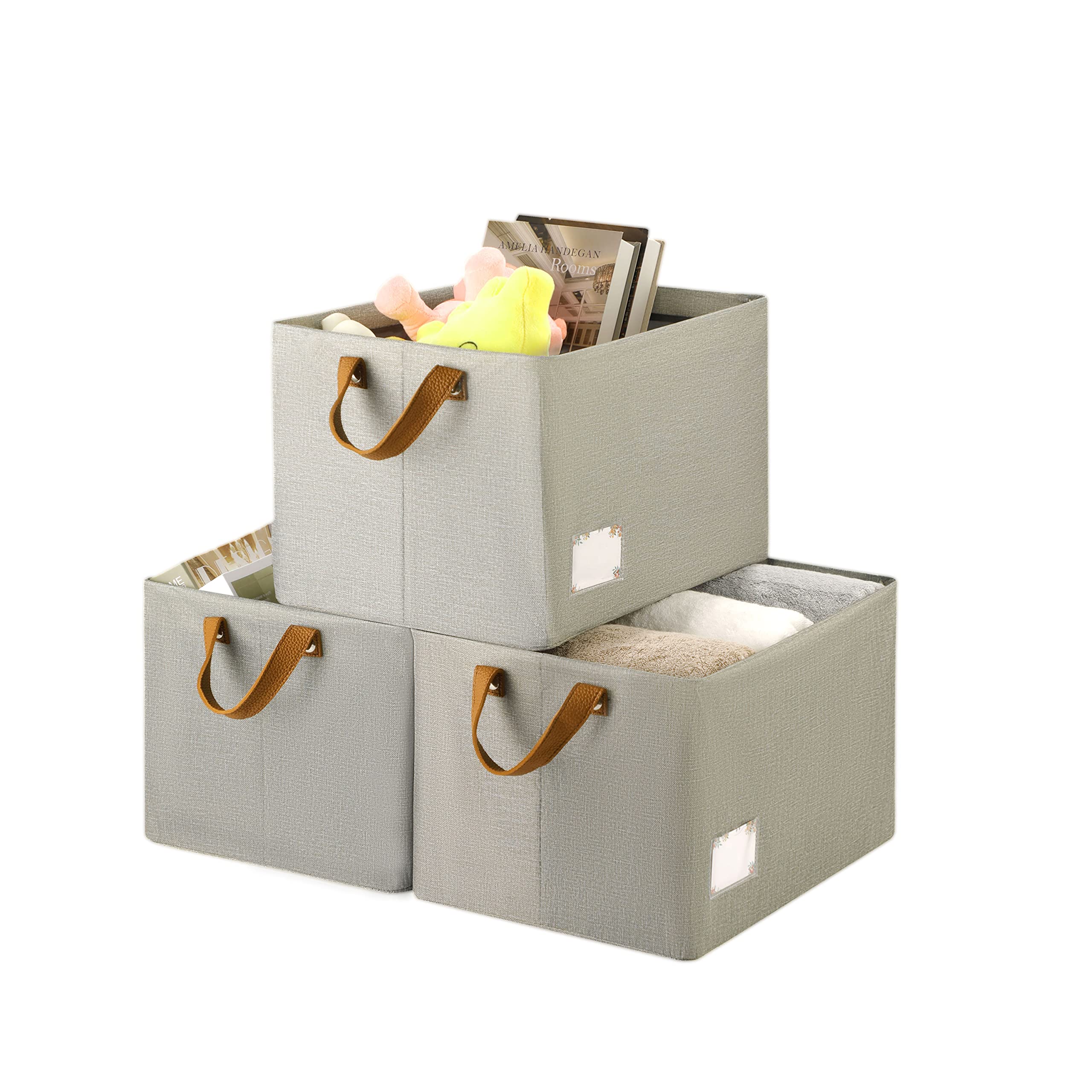 Furnhome Fabric Storage Bins 3-Pack - Large Foldable Storage Baskets with Metal Frame & Handles for Shelves, Closet, Home Organization - Stone Cyan | Perfect for Bedroom, Living Room & Office Storage Solutions