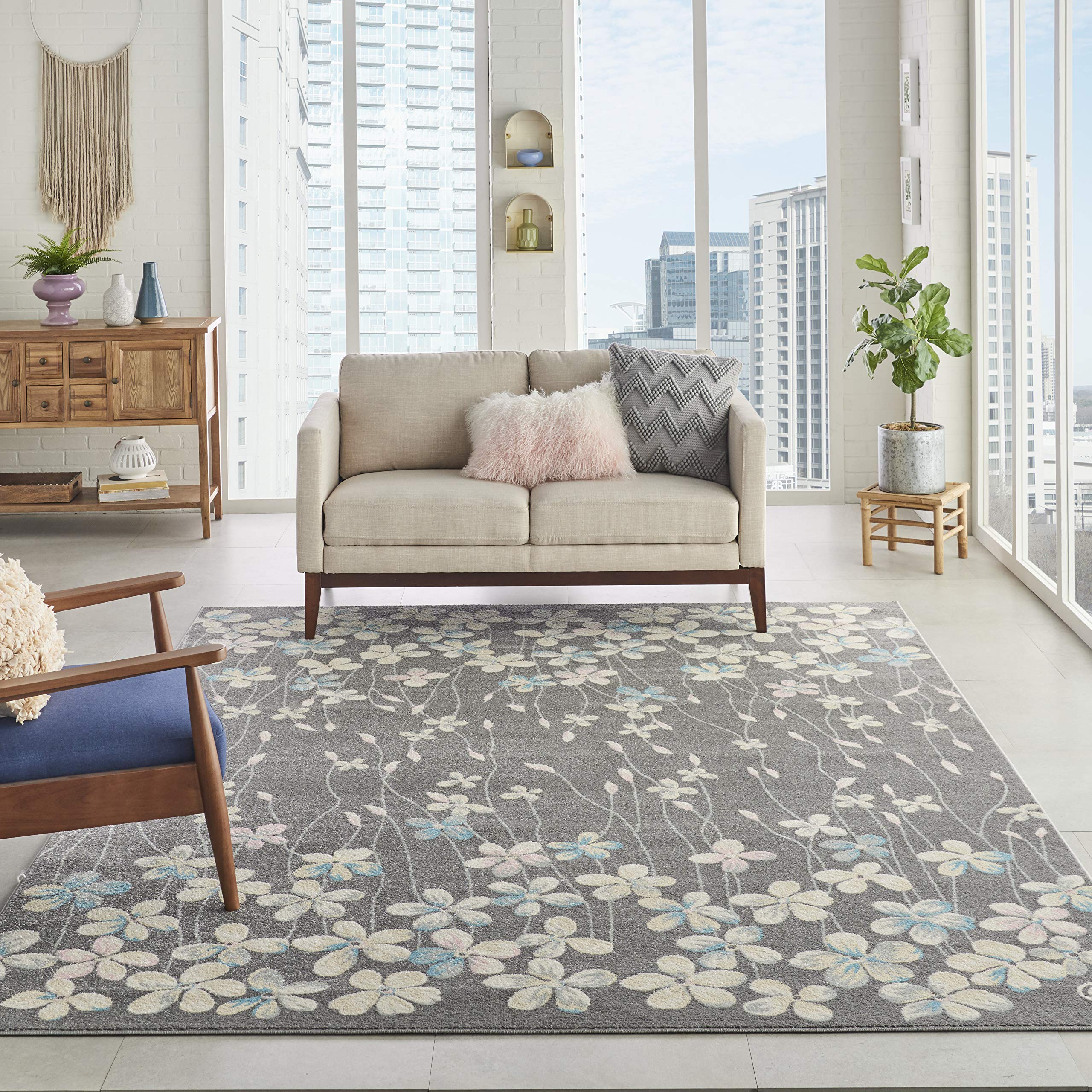 Nourison Tranquil Floral Grey/Beige 8' x 10' Area Rug - Easy to Clean, Non-Shedding, Soft & Durable - Perfect for Bedroom, Living Room, Dining Room & Kitchen Decor (8x10)