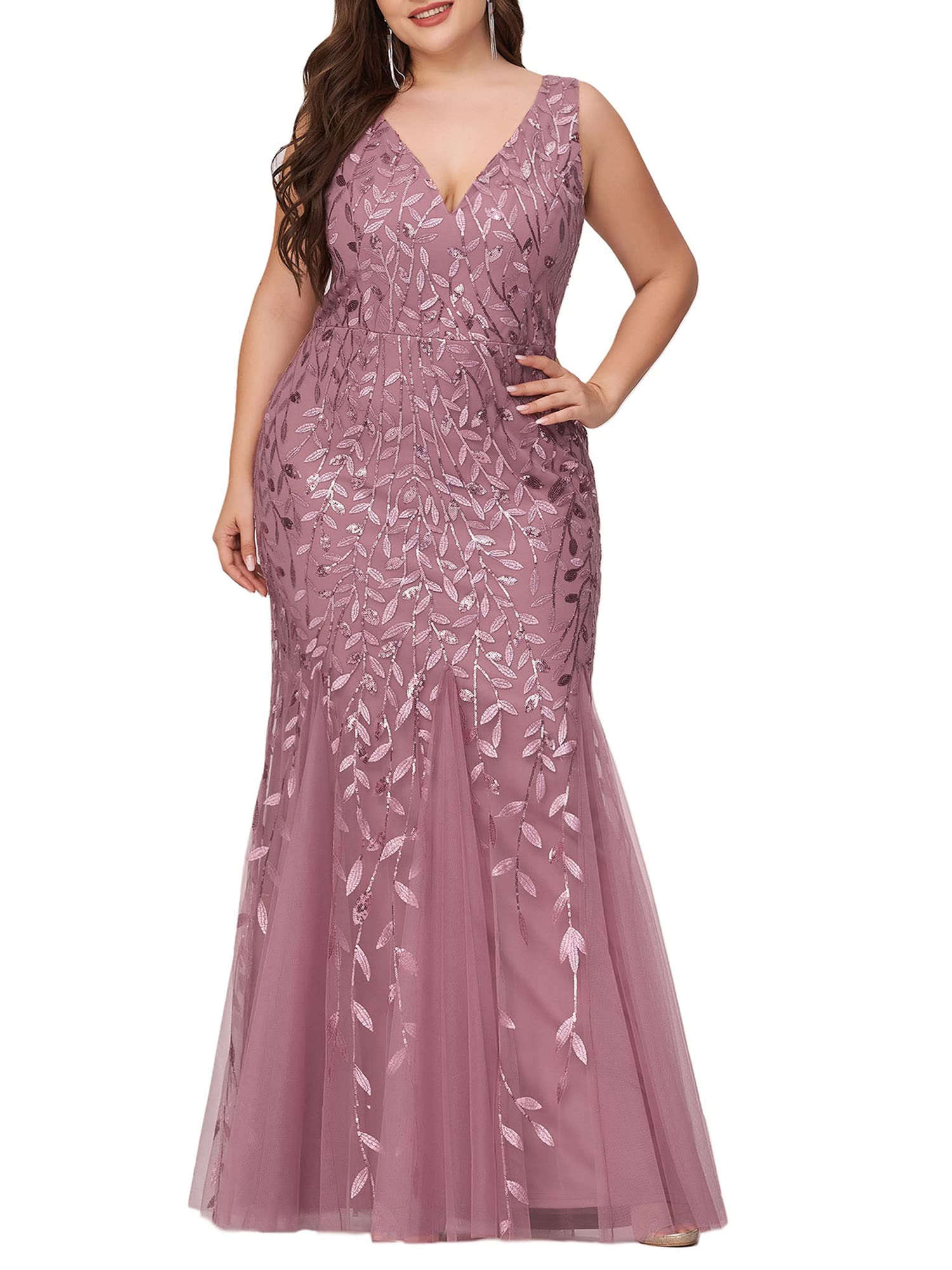 Ever-Pretty Women's Sequin V-Neck Sleeveless Bodycon Mermaid Evening Gown - Plus Size Formal Dress for Prom, Party & Special Occasions | Elegant Prom Dresses for Women | Style 07886-PZUSA