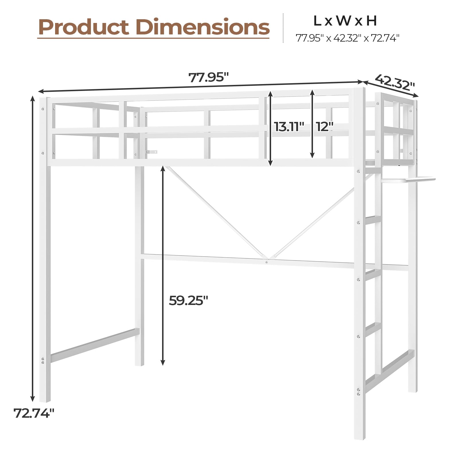 DICTAC Twin Size Loft Bed with LED Lights - Heavy Duty Metal Junior Loft Bed Frame with Full-Length Guardrail & Ladder | Noise-Free, Space-Saving Design | No Box Spring Needed | White | Perfect for Kids' Rooms, Dormitories & Small Spaces
