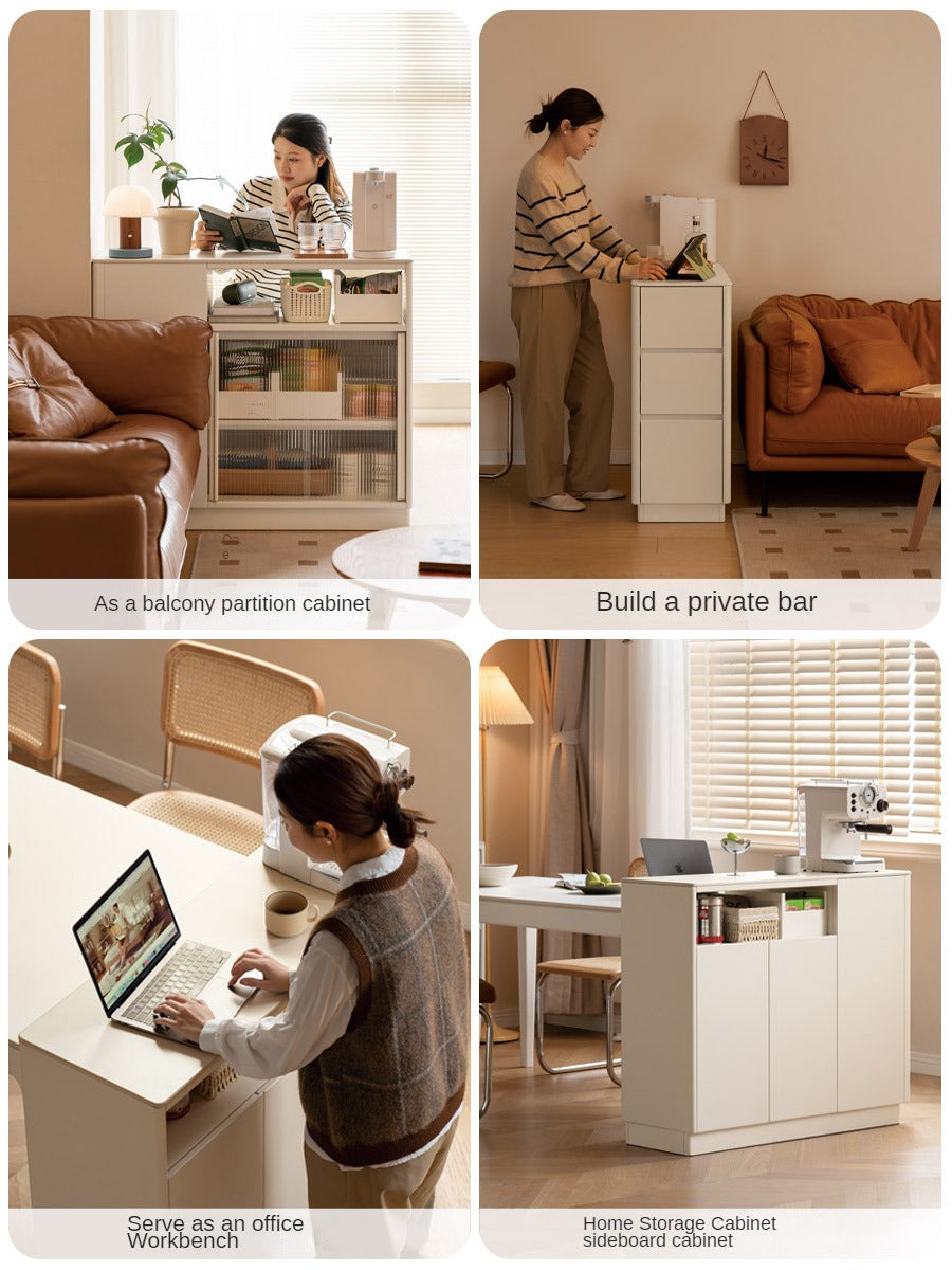 Solid Poplar Wood Dining Room Cabinet with Partition - White Cream Rock Board for Kitchen Storage & Home Organization