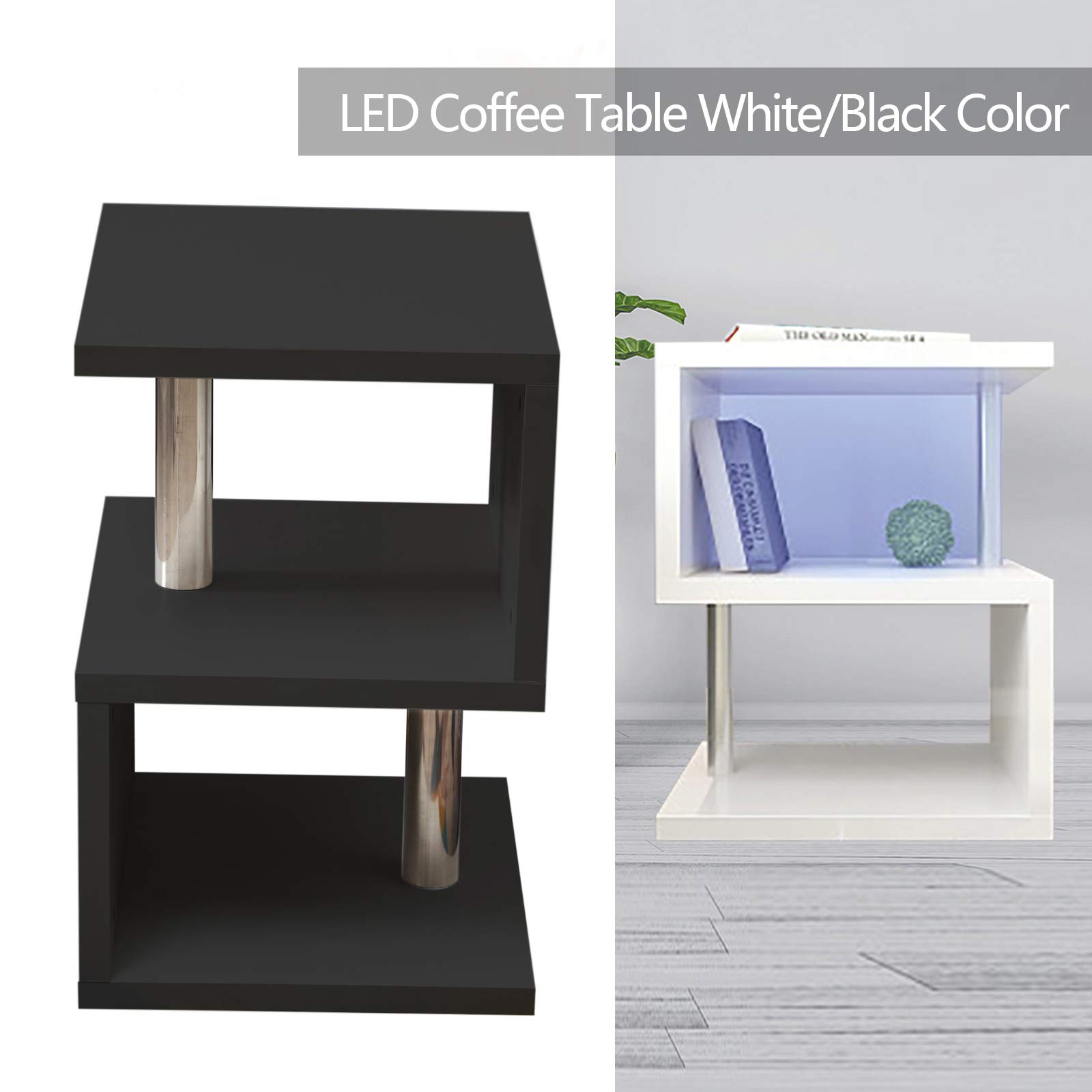 Modern LED Coffee Table & Nightstand - High Gloss White End Table with S-Shaped Design & Open Shelves - MDF Bedside Cabinet for Living Room, Bedroom - Perfect for Small Spaces, Studio Apartments & Modern Home Decor