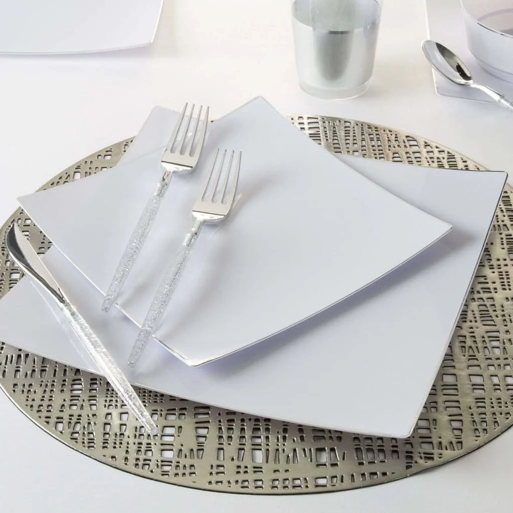 8 White/Silver Square Plates - 10 Pack - Perfect for Parties, Weddings & Catering Events