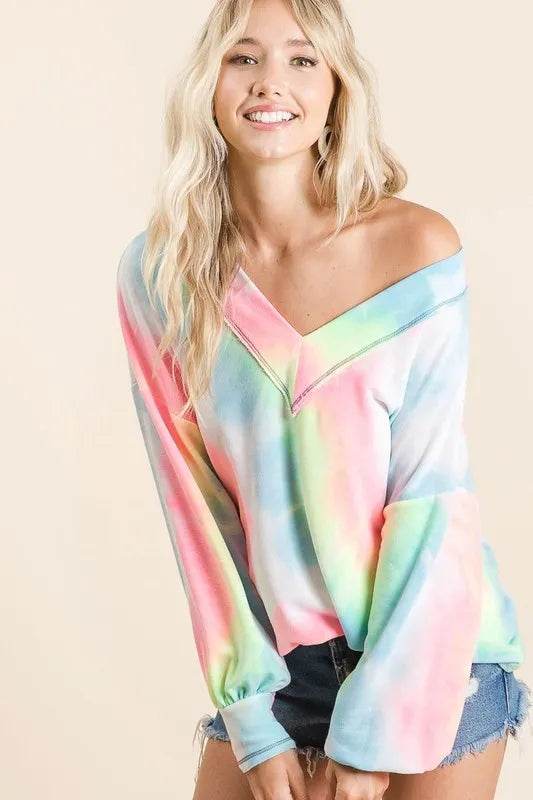 Bibi Tie Dye French Terry V-Neck Top with Puff Sleeves in Pink Multi | Women's Casual Boho Blouse | Perfect for Summer Outfits, Beach Wear & Music Festivals