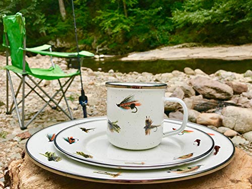 Premium Fly Fishing Enamelware Dinner Plates - 10.5 Inch Set of 4 - Durable Camping & Outdoor Dining Dishes for Picnics, BBQs and Rustic Home Decor