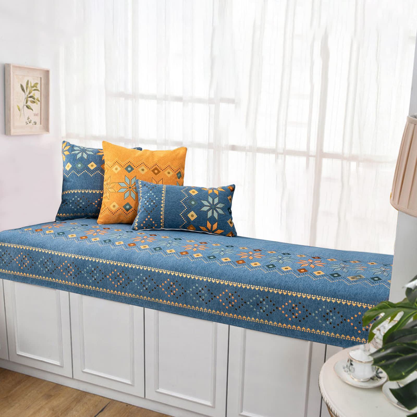 Boho Chenille Non-Slip Bay Window Cushion Pad - Soft Window Seat Mat for Indoor Sofa, Bench & Windowsill - Bohemian Home Decor for Bedroom & Living Room - Perfect for Reading Nooks & Cozy Relaxation Spaces