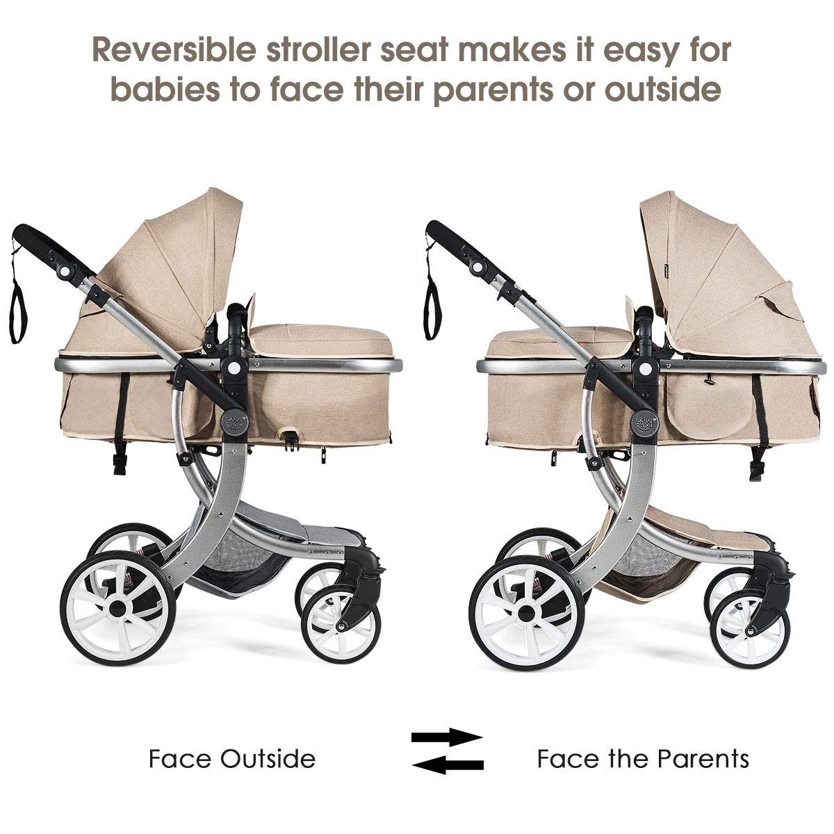 Honey Joy Baby Stroller - Convertible Infant Bassinet with Adjustable Canopy & Backrest, Foldable Newborn Carriage with Storage Basket & Foot Cover (Beige) | Perfect for Walks, Shopping & Travel