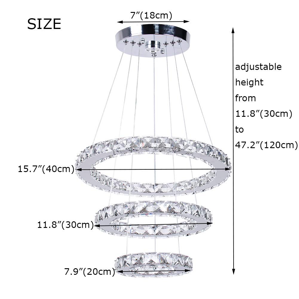 Winretro 3 Ring Modern Crystal LED Chandelier - Round Chrome Pendant Ceiling Light Fixture for Living Room, Dining Room, Bedroom & Kitchen | Elegant Lighting for Home Decor, Wedding & Restaurant Ambiance