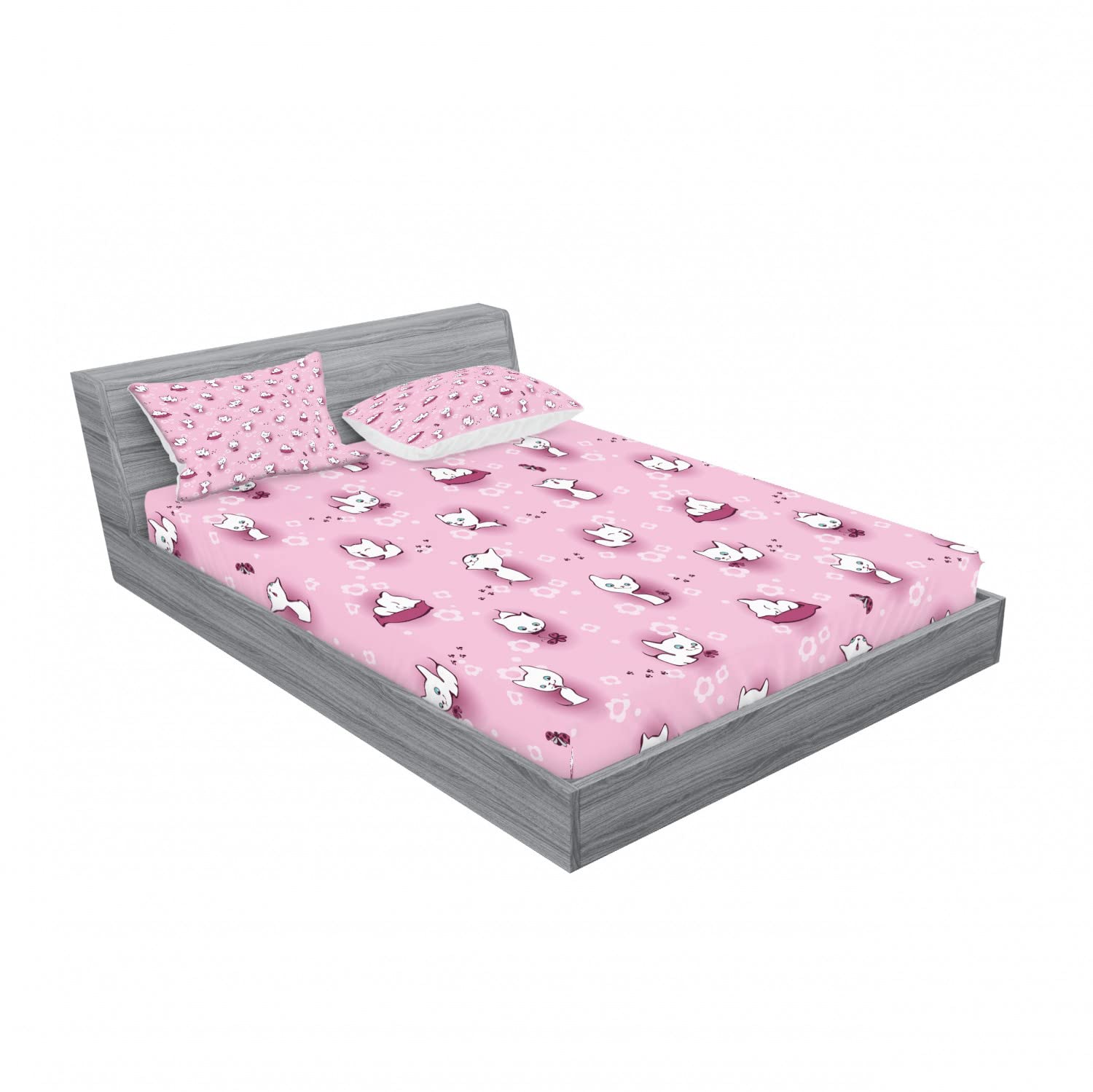 Lunarable 2-Pack Cat Themed Fitted Sheet & Pillow Sham Set - Playful Kittens in Floral Design, 4-Piece Bedding Collection (2 Twin XL Fitted Sheets + 4 Standard Pillowcases) in Pale Pink & White - Perfect for Kids' Rooms, Dorm Decor & Cat Lover Gifts