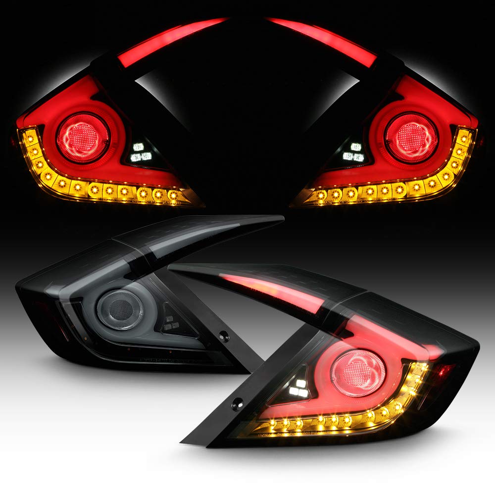 ACANII Black Housing Smoked Lens LED Tail Lights for 2016-2021 Honda Civic Sedan - Shuriken Shape Design, High Visibility Brake Lamps | Perfect for Night Driving & Car Customization