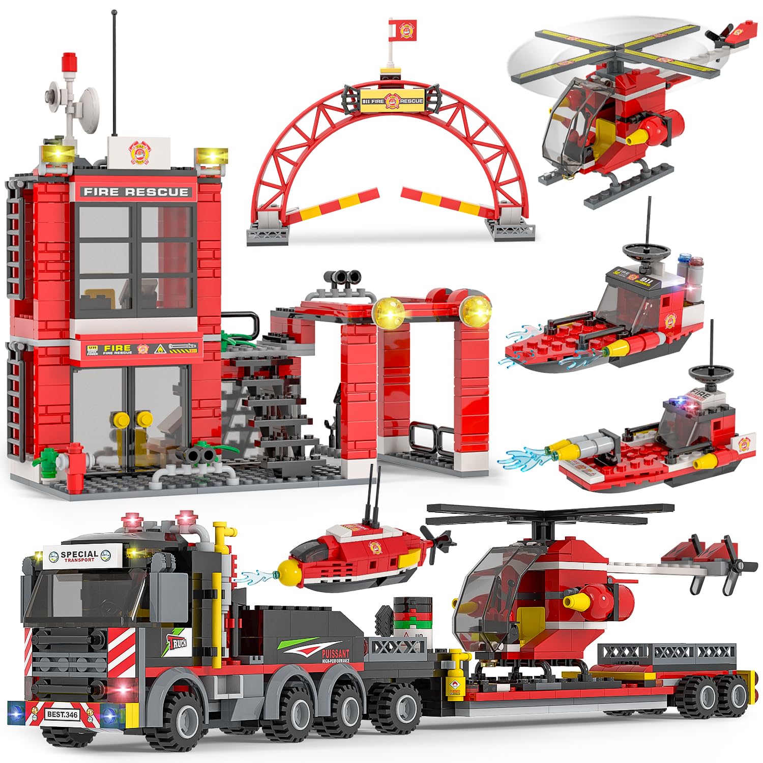 WishaLife City Fire Station Playset with Transport Truck & Helicopter - Pretend Play Toy for Kids Ages 6+ | Firefighter Role Play, Birthday Gift, Educational STEM Learning Activity