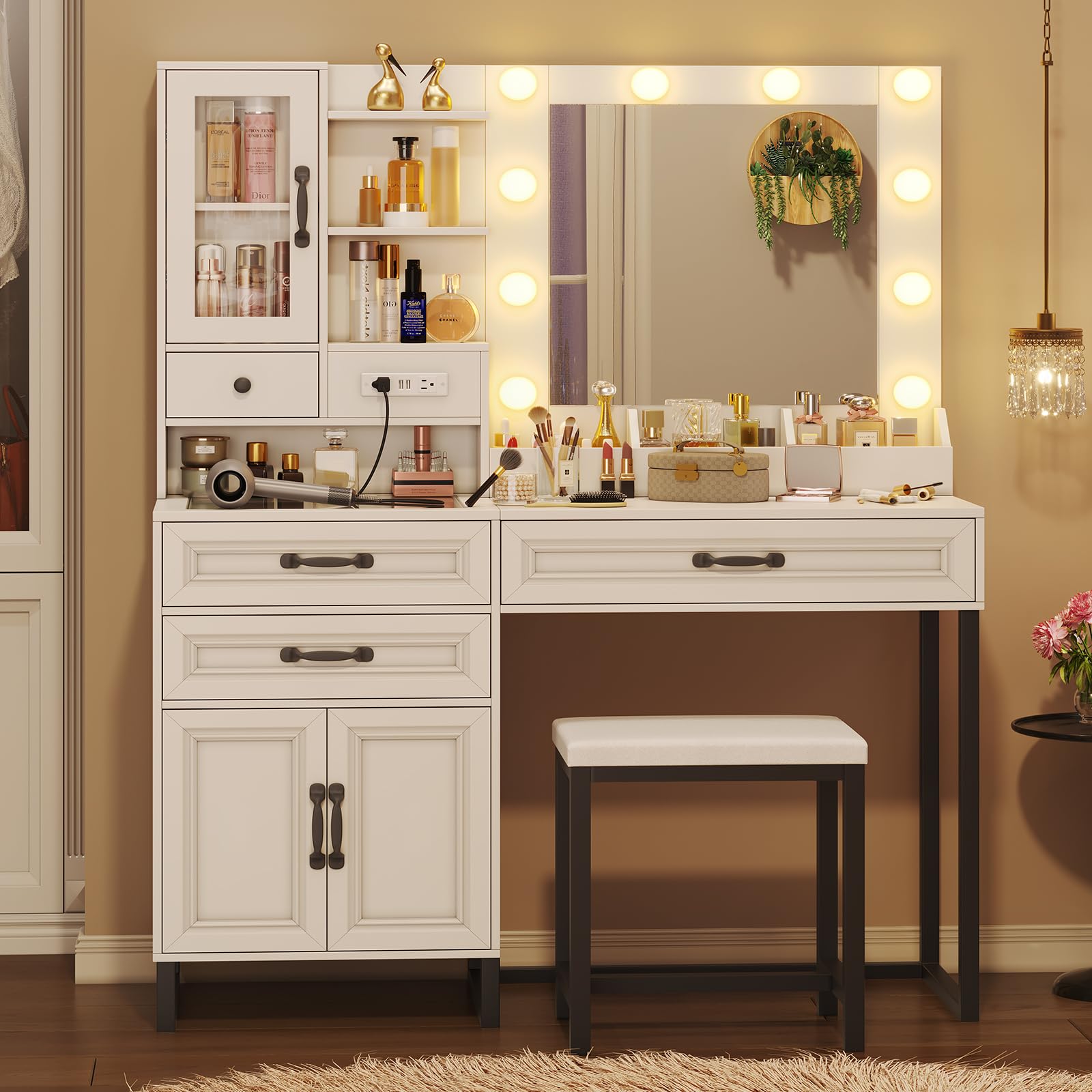 Modern White & Black Makeup Vanity Desk Set with LED Lights, USB Charging Station, Stool & Glass Top Storage - 3 Shelves & Drawers for Bedroom, Dressing Room & Beach House Decor