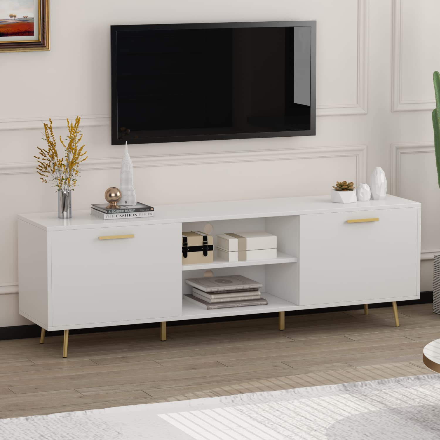 Modern TV Stand for 75 Inch TVs - Entertainment Center with 2 Doors & 2 Open Shelves, Gold Metal Legs TV Console Table - 69