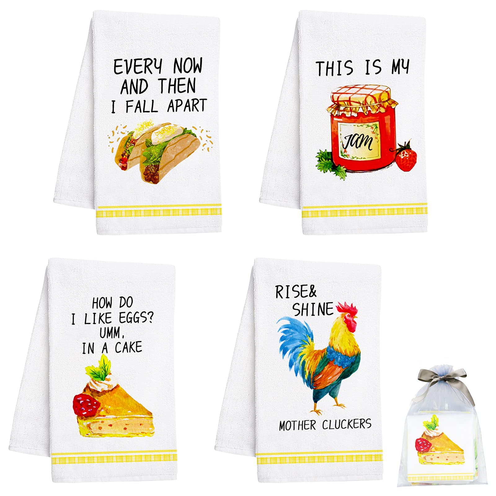 Funny Kitchen Towels Set of 4 - 16x23.6 Inch Decorative Dishcloths with Humorous Sayings | Cute Hand Towels for Kitchen, Housewarming Gifts | Perfect for Cooking, Cleaning & Home Decor