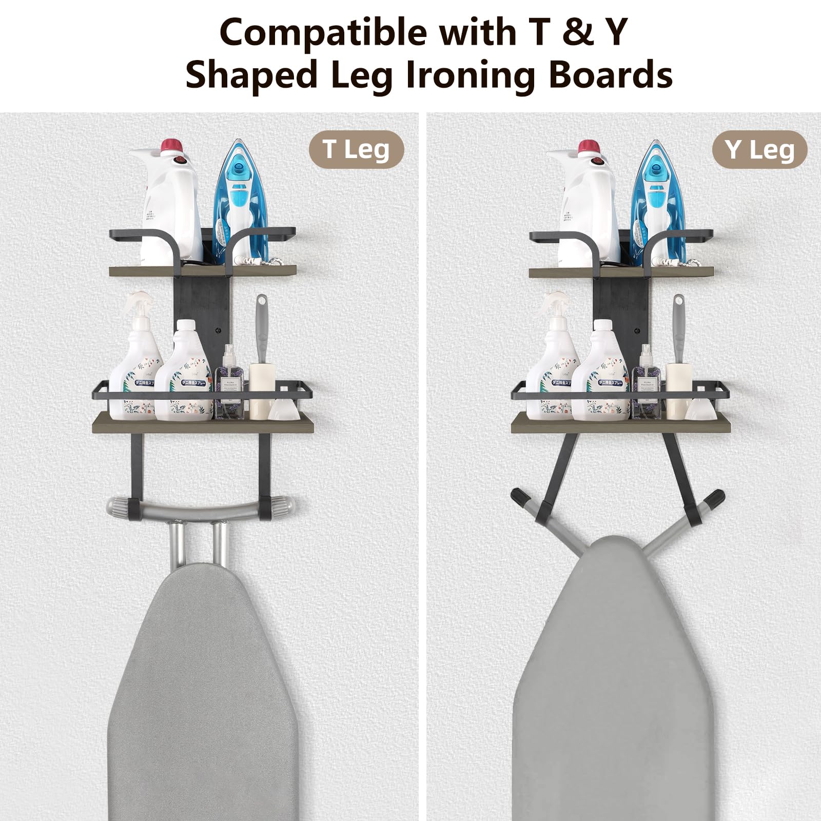 VINAEMO Wall Mount Ironing Board Hanger - 2-Tier Iron & Board Holder with Removable Hooks - Solid Wood Laundry Room Shelf for Home Organization - Perfect for Small Spaces & Closet Storage