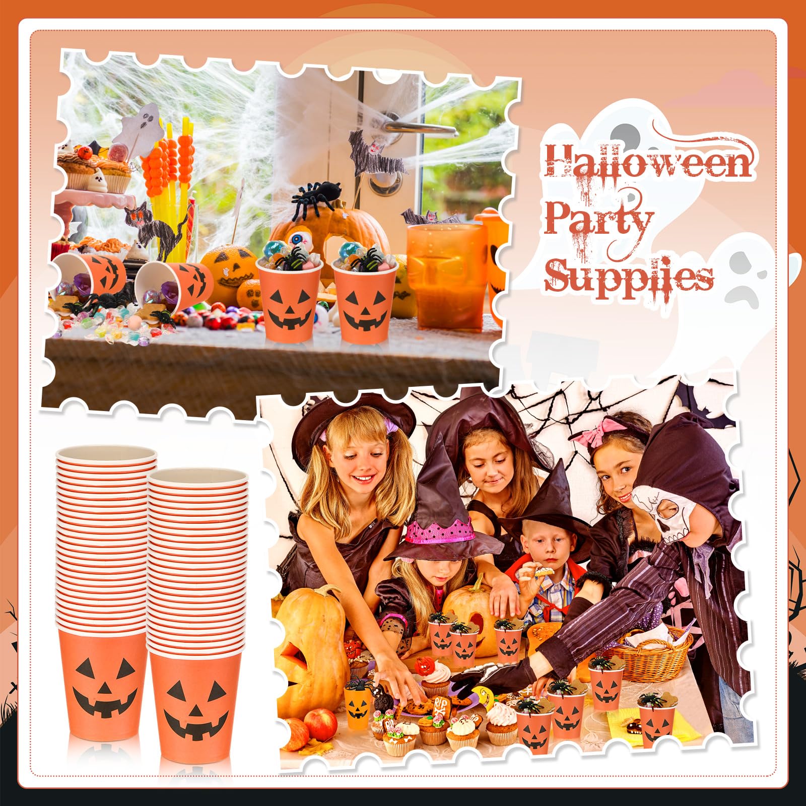 Halloween Paper Cups 100Pcs - 9oz Pumpkin Face Design for Parties & Snacks