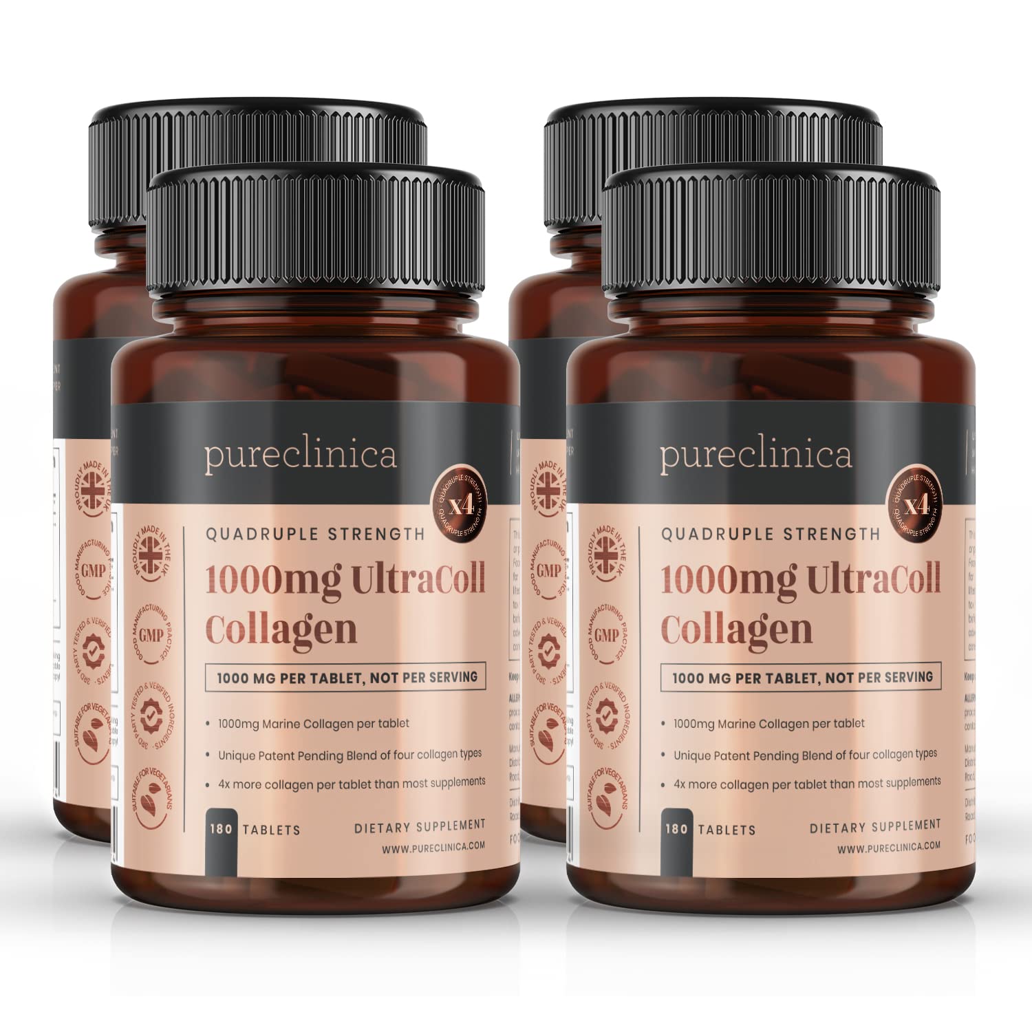PureClinica UltraColl Marine Collagen 1000mg x 720 Tablets (4 Bottles of 180 Tablets) - 1 Year Supply of Patented Anti-Aging Collagen Types I, II, III & VII for Skin, Joint & Hair Health | Supports Glowing Skin, Stronger Nails & Flexible Joints | Perfect for Daily Wellness Routine & Active Lifestyle