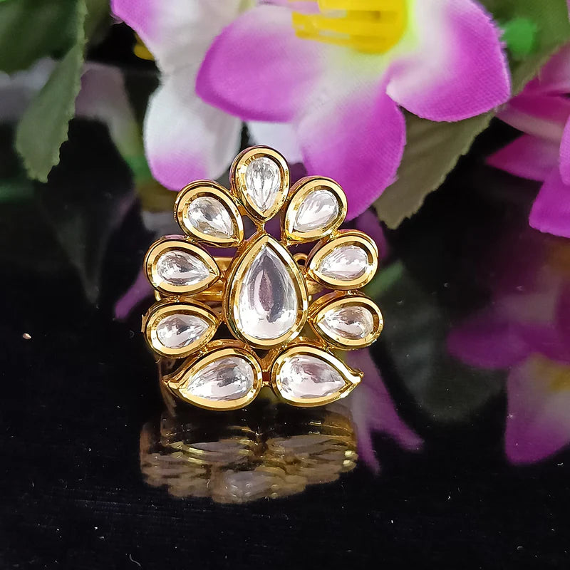 Exquisite Gold Plated Royal Kundan & Ruby Beaded Ring (Design 105) - Elegant Jewelry for Weddings, Parties & Special Occasions