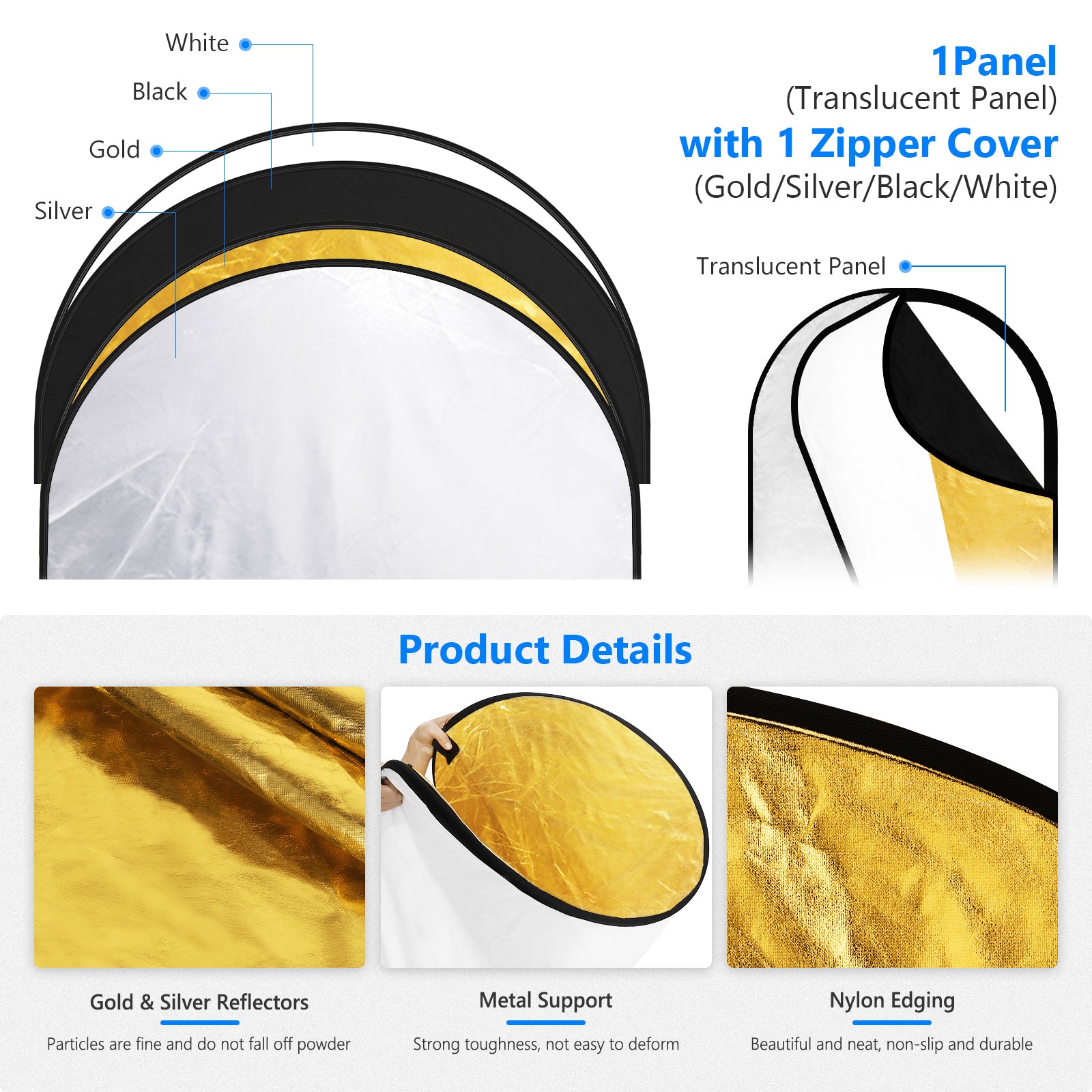 NEEWER 5-in-1 Portable Photography Lighting Reflector and Diffuser Kit for Studio, Outdoor, and Portrait Photography