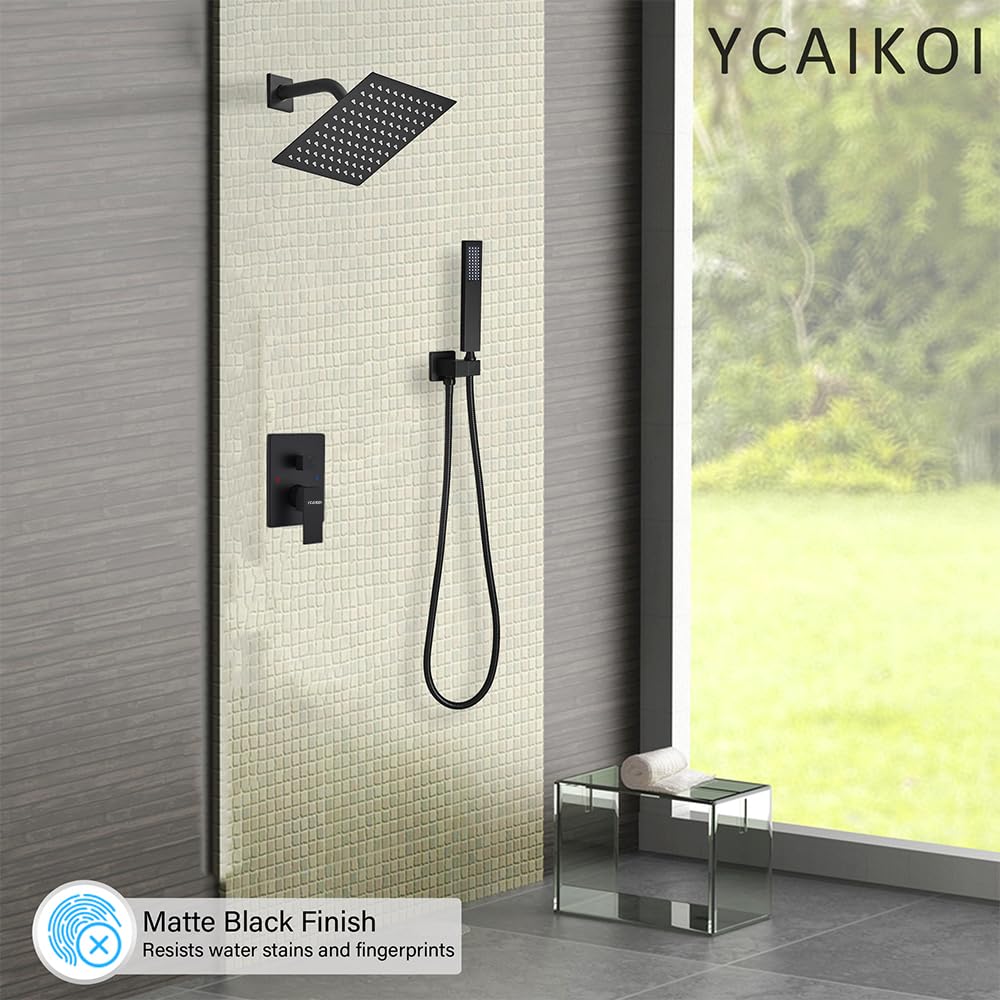 Premium Matte Black Shower System - 8 Inch High Pressure Rainfall Showerhead with Handheld Sprayer | Wall Mounted Bathroom Faucet Set with Rough-in Valve & Trim Kit | Perfect for Master Bath, Spa-Like Experience & Modern Home Renovation