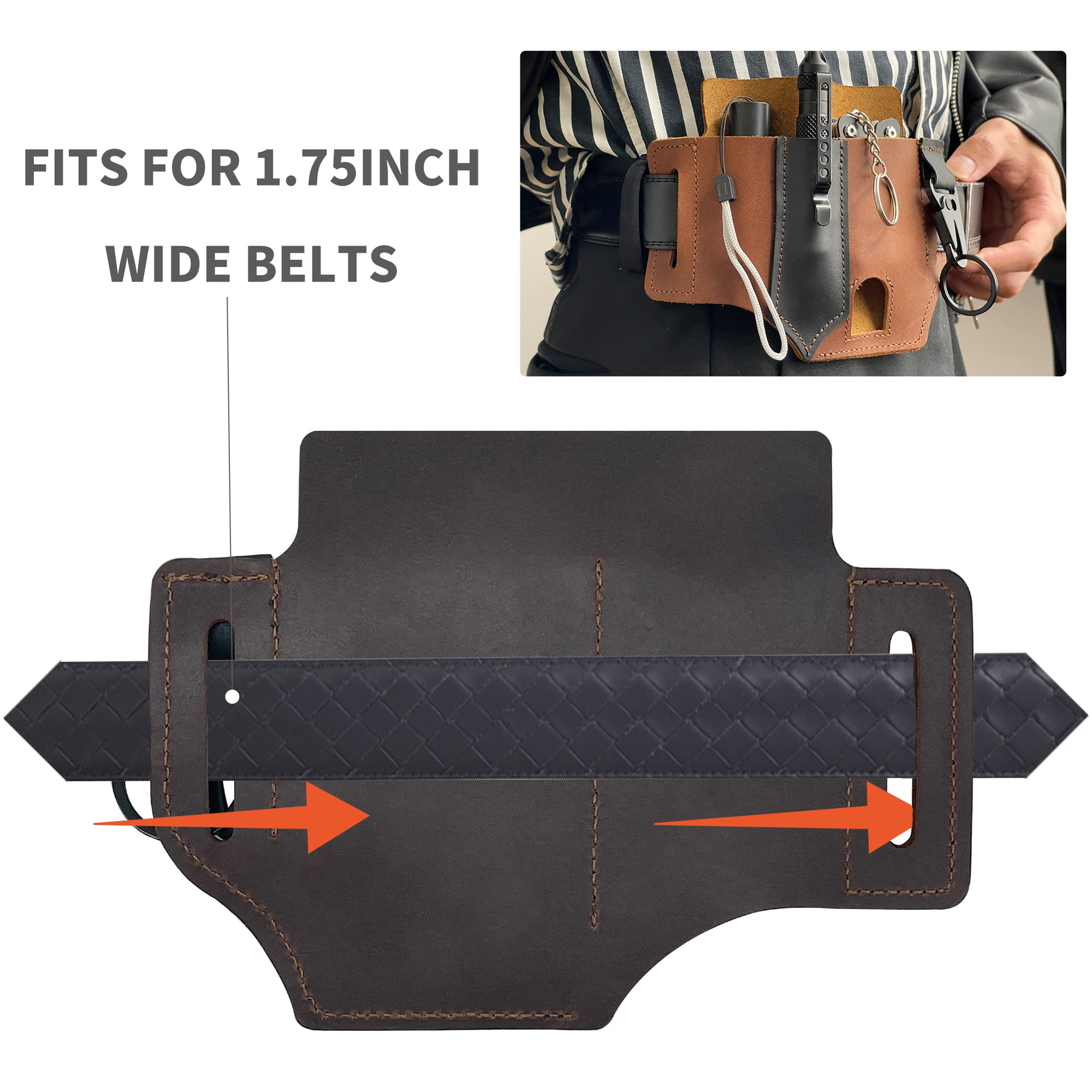 KANGDE Genuine Leather EDC Belt Loop Waist Multitool Sheath - Handmade 3-Pocket Organizer Pouch for Flashlights, Tactical Pens & Tools (Dark Brown) | Perfect for Outdoor Adventures, Camping & Everyday Carry