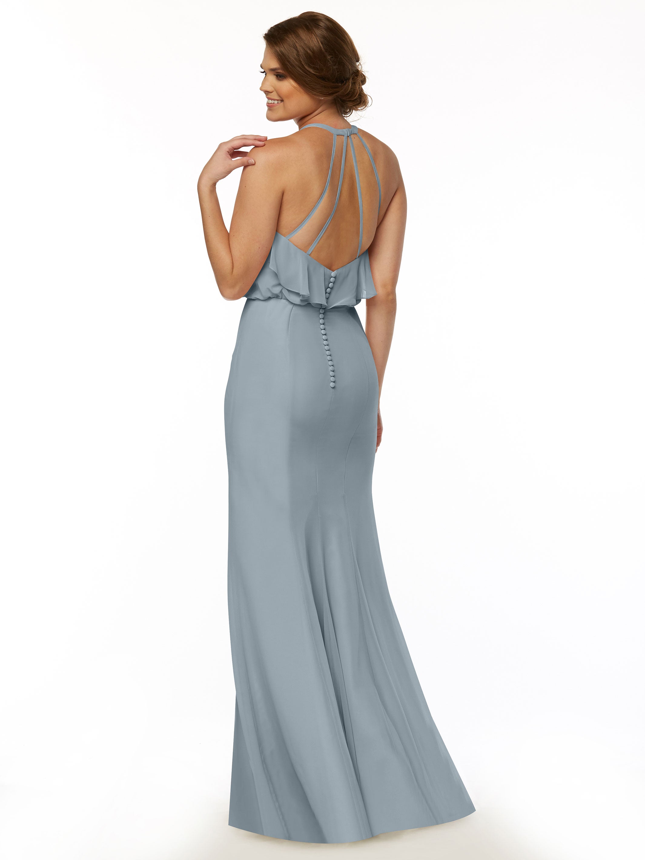 Elegant 80147 Fit and Flare Chiffon Bridesmaid Dress with Ruffled Neckline & Thigh Slit - Perfect for Weddings, Proms, and Formal Events