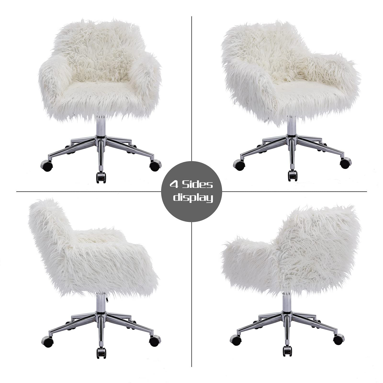 Henf Home Office Chair - Modern Swivel Desk Chair with Wheels, Tufted Faux Fur Vanity Chair for Bedroom & Office - Ergonomic Computer Chair for Women & Girls (White) - Perfect for Home Office, Gaming Setup & Makeup Station