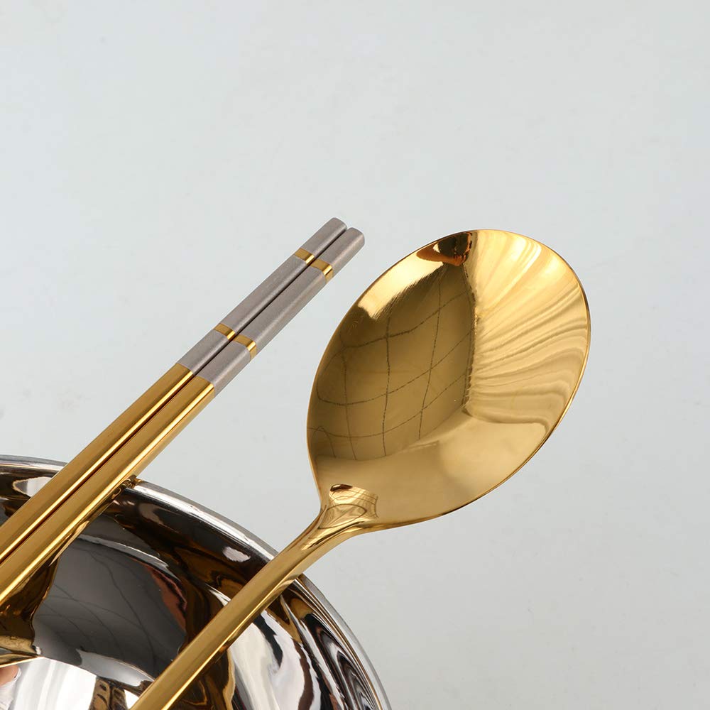 Premium 24-Piece SUS 304 Stainless Steel Bowl Set with Spoon & Chopsticks - 19oz Double-Walled Metal Rice & Cereal Serving Bowls for Restaurants, Home Kitchen, Family, Kids & Adults (Gold) - Ideal for Dining, Meal Prep, Camping & Outdoor Picnics