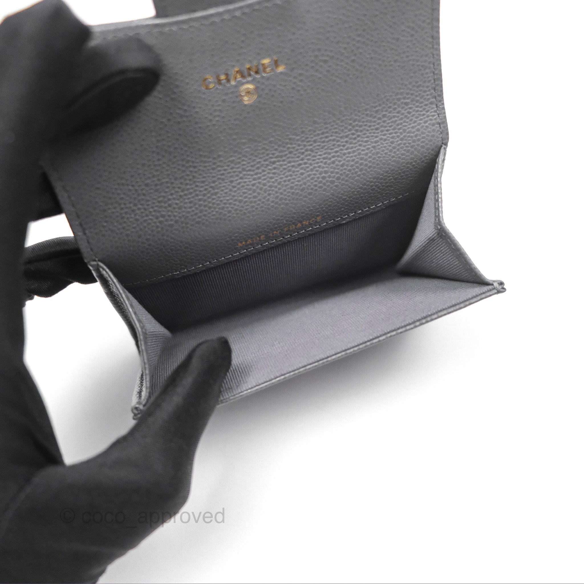 Chanel Classic Flap Card Holder Wallet - Dark Grey Caviar Leather with Gold Hardware | Luxury Compact Wallet for Women, Perfect for Everyday Use & Travel